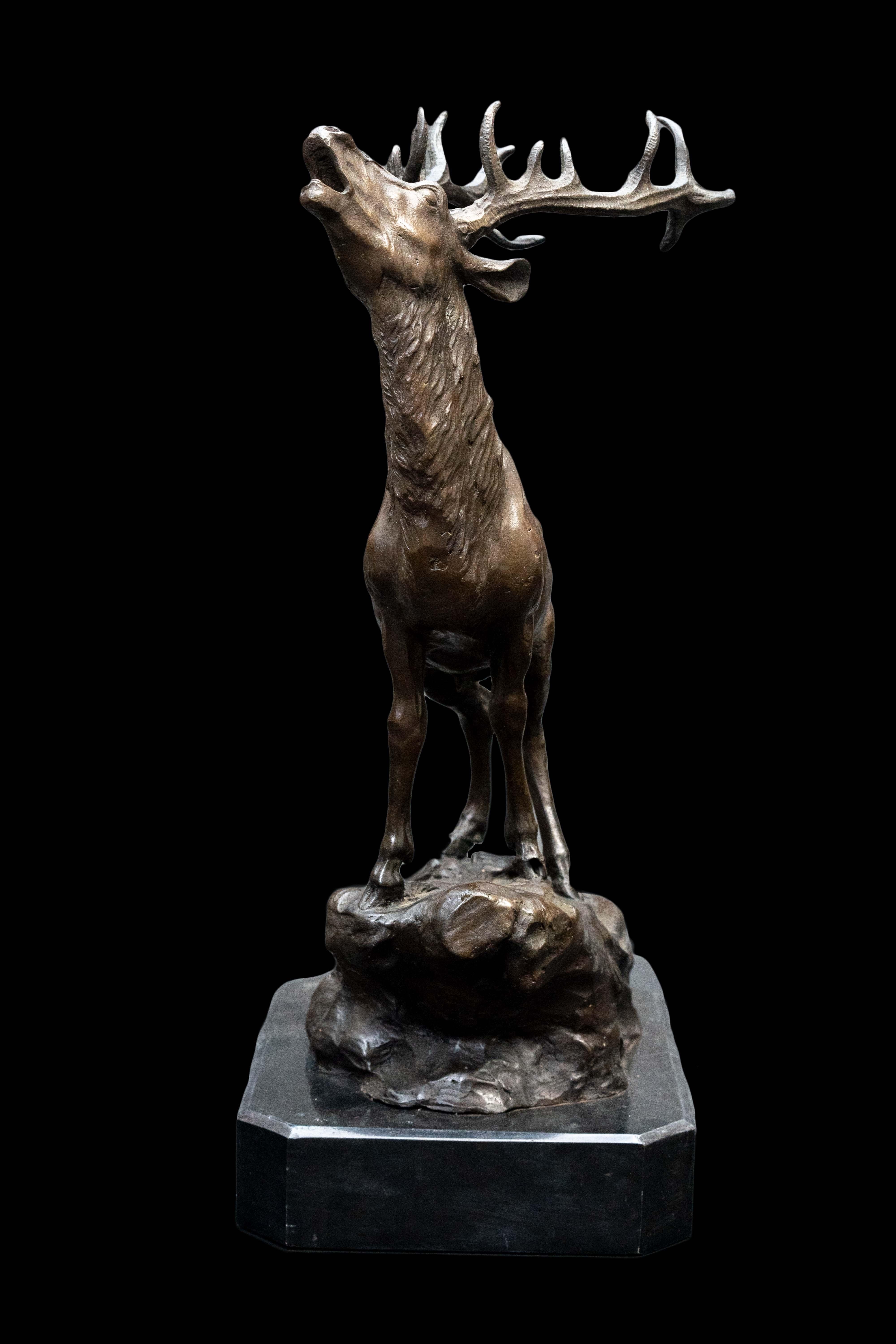 European 19th Century French Bronze Stag on Marble Base