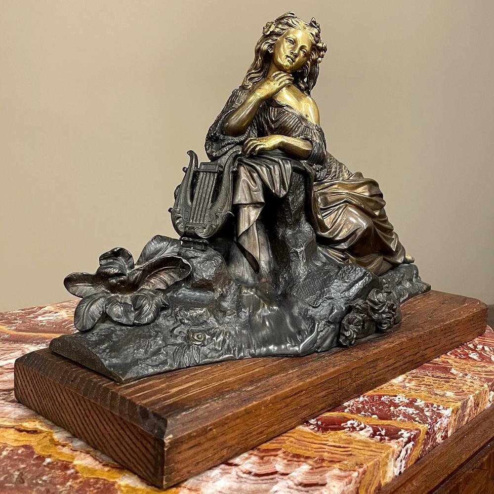 Neoclassical Revival 19th Century French Bronze Statue of Maiden with Lyre For Sale
