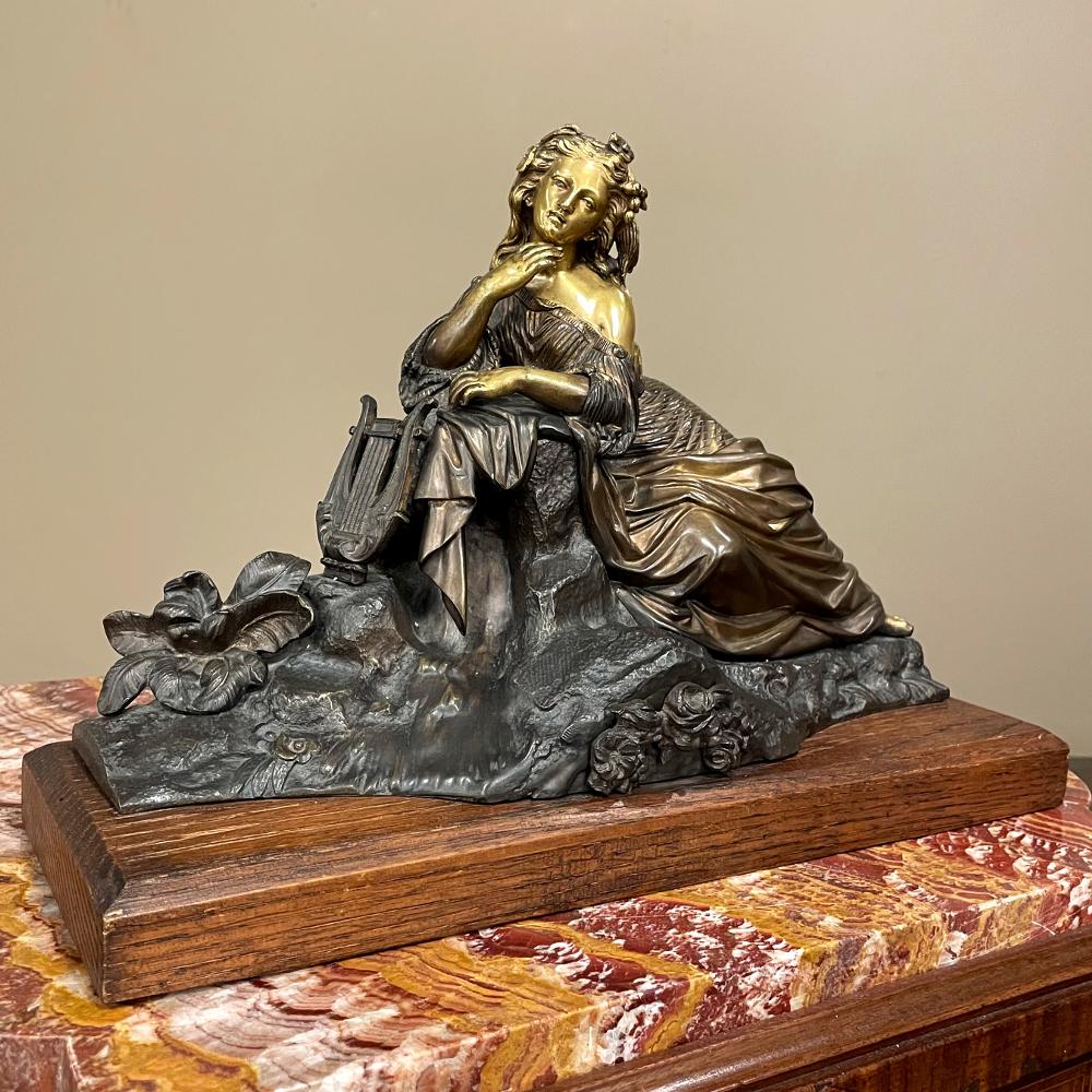 Hand-Crafted 19th Century French Bronze Statue of Maiden with Lyre For Sale