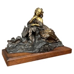 Statua in bronzo francese del XIX secolo di fanciulla con lira