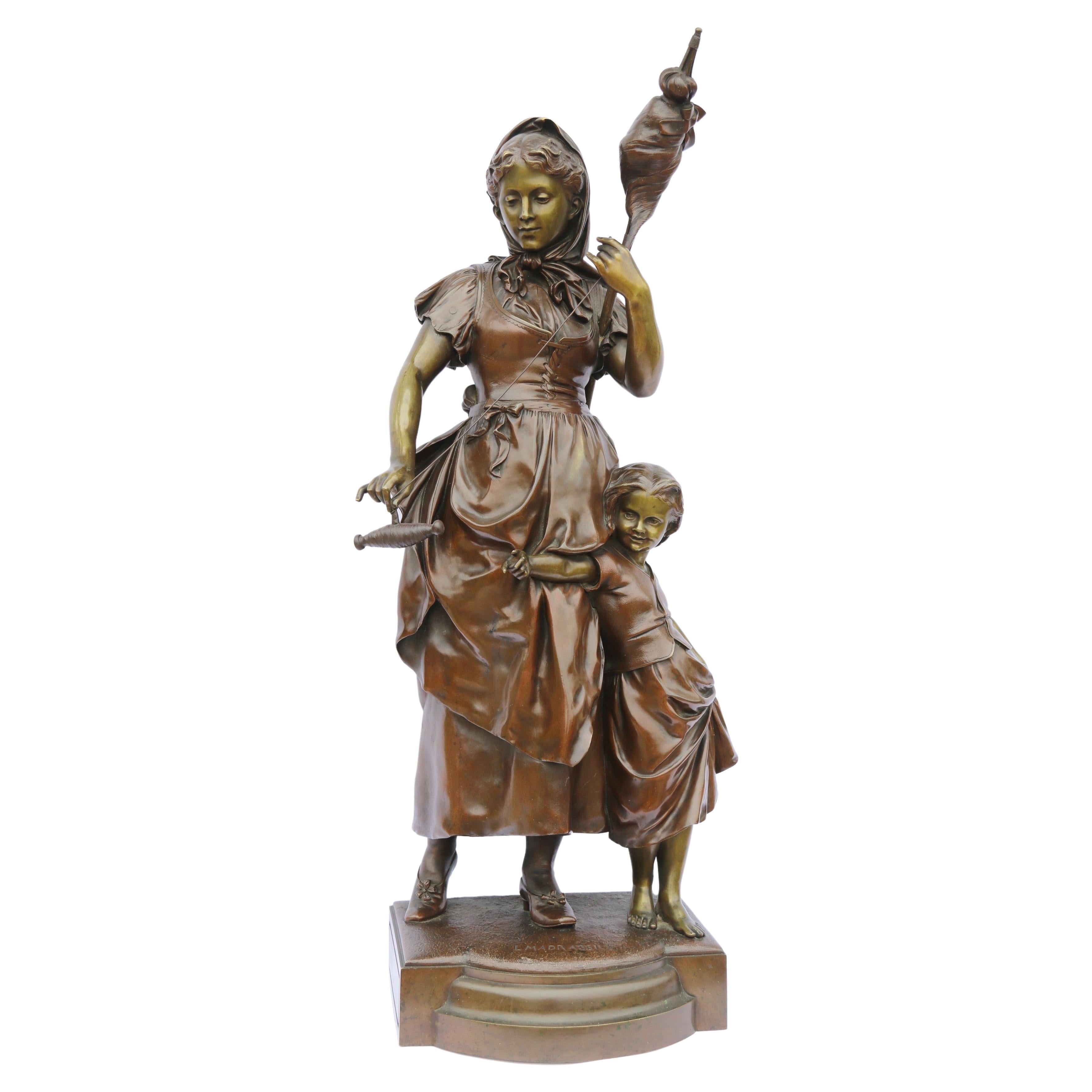19th century French bronze study of a mother and daughter by Lucien Madrassi For Sale