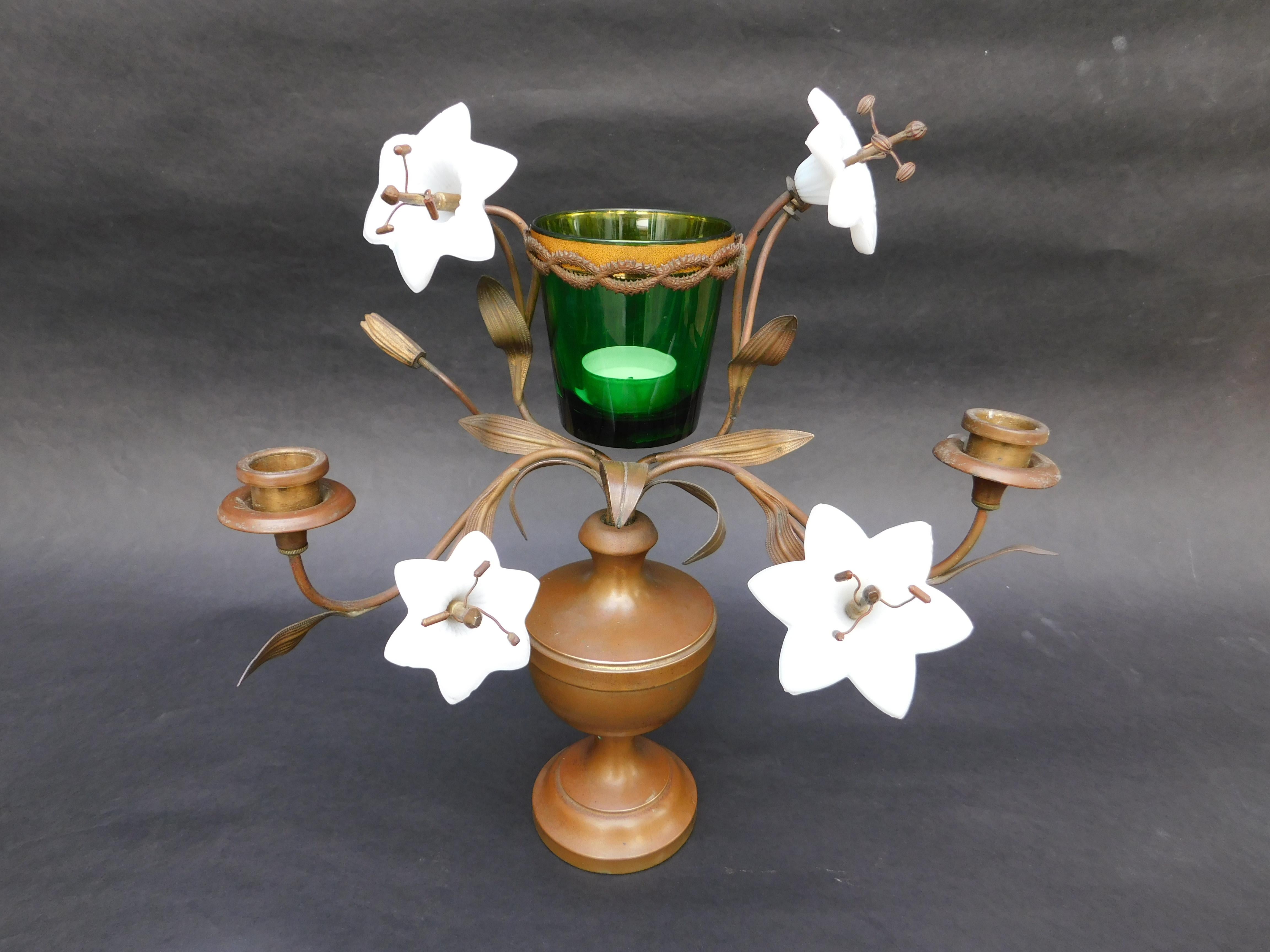 French bronze candelabra with opaline glass lillies. Holds two candlesticks and a tea light candle (in the center), circa 1880.