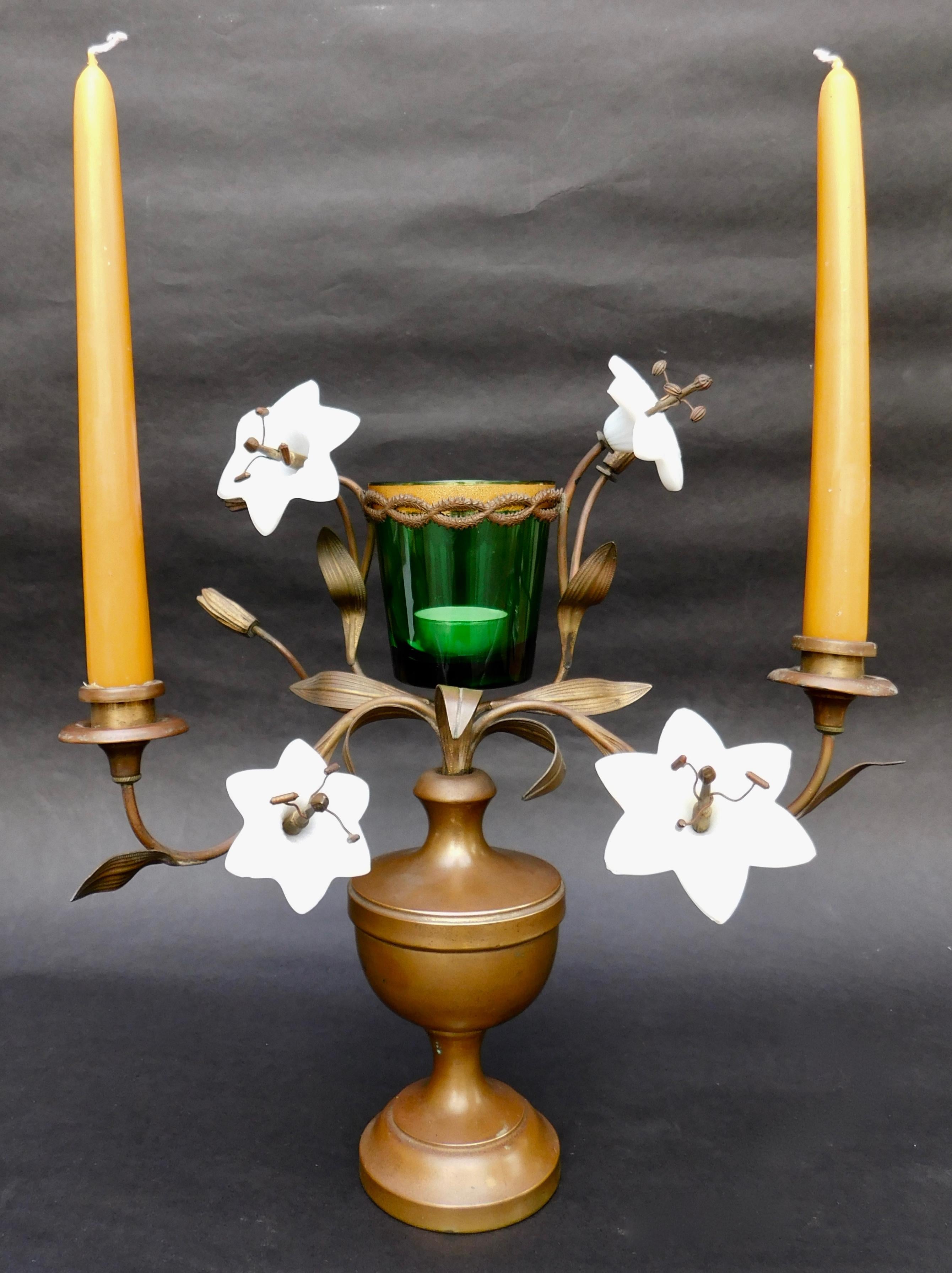 19th Century French Bronze Urn Shaped Candelabra with Opaline Glass Flowers For Sale 1