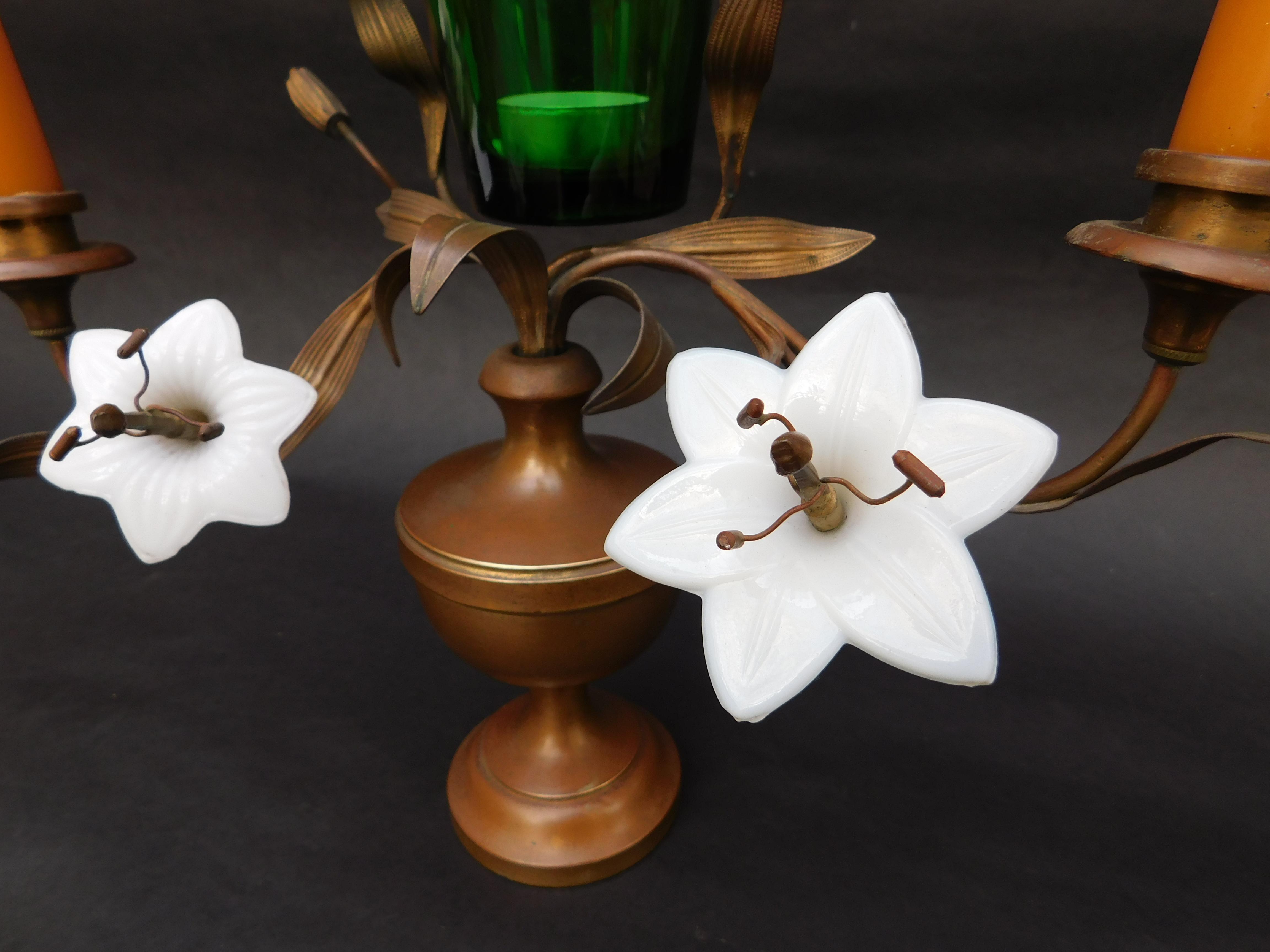 19th Century French Bronze Urn Shaped Candelabra with Opaline Glass Flowers For Sale 2