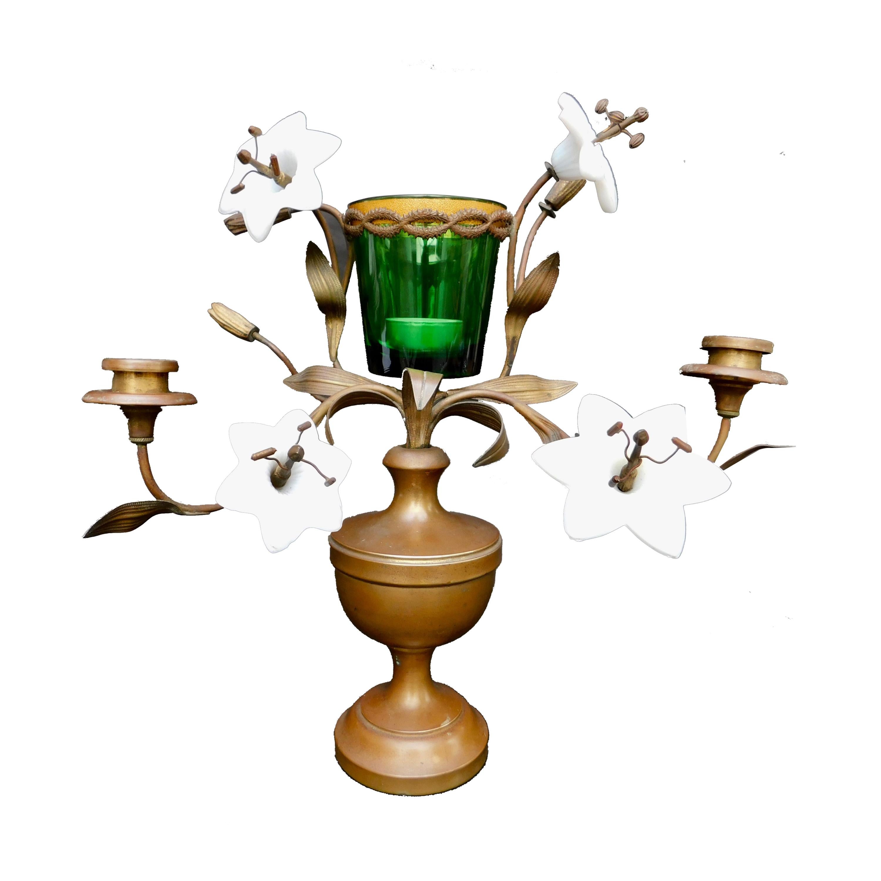 19th Century French Bronze Urn Shaped Candelabra with Opaline Glass Flowers For Sale