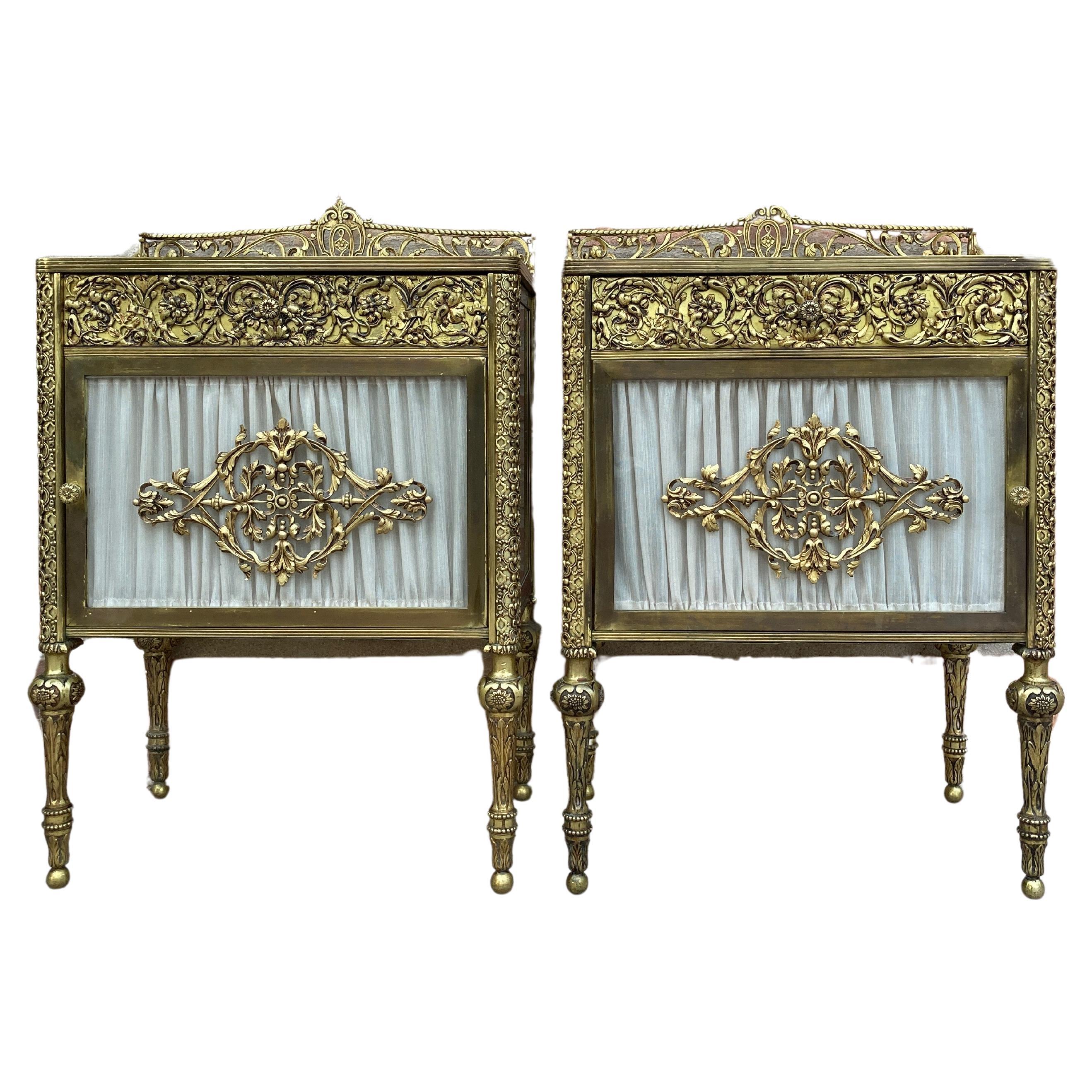 19th Century French Bronze Vitrine Nightstands with Glass Doors and Brass Drawer