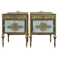 19th Century French Bronze Vitrine Nightstands with Glass Doors and Brass Drawer