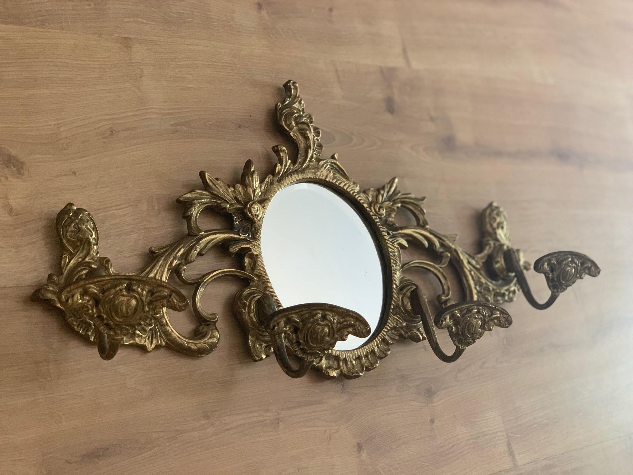 Baroque 19th Century French Bronze Wall Mounted Coat Rack with Mirror