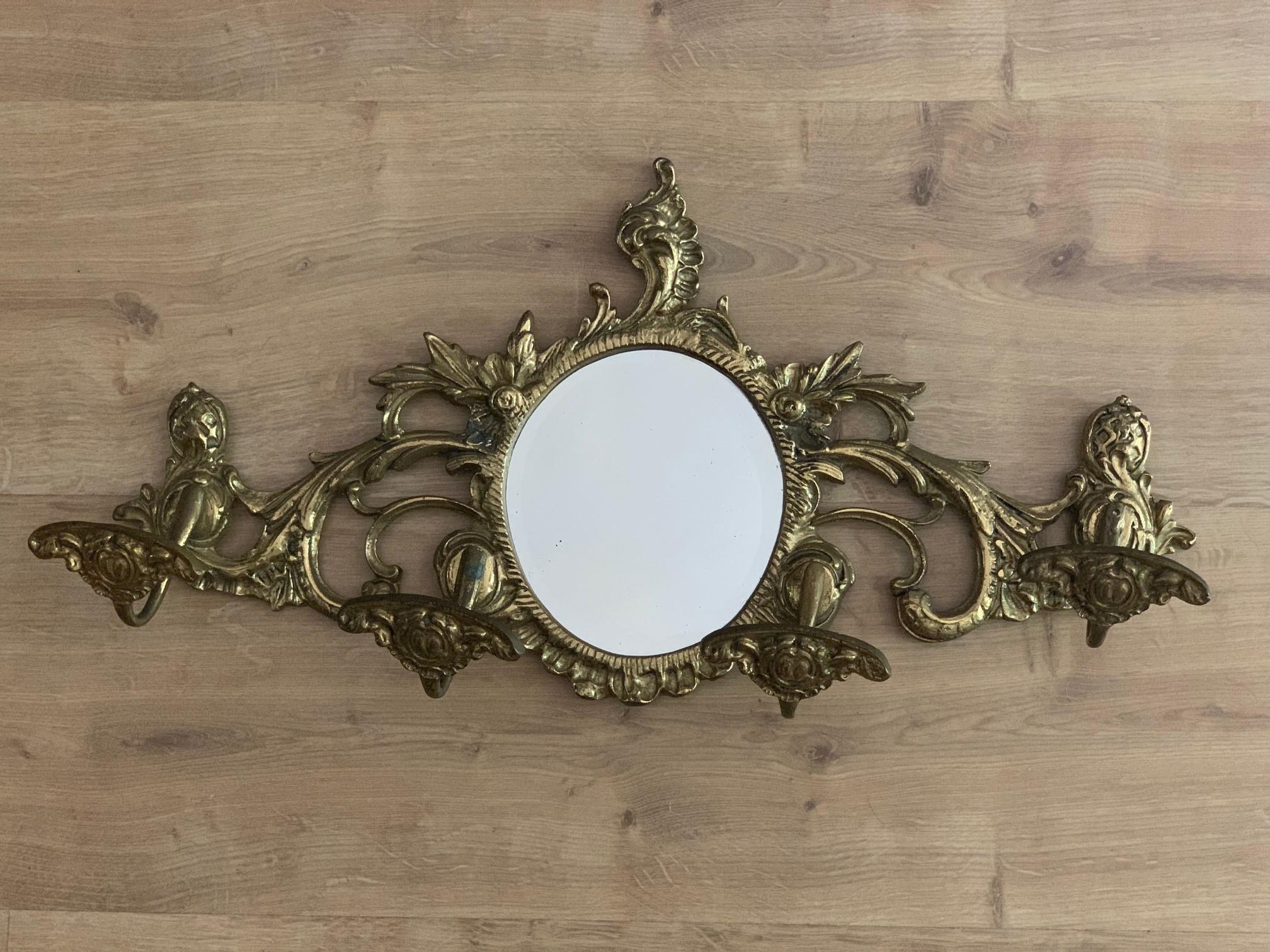 19th Century French Bronze Wall Mounted Coat Rack with Mirror 2