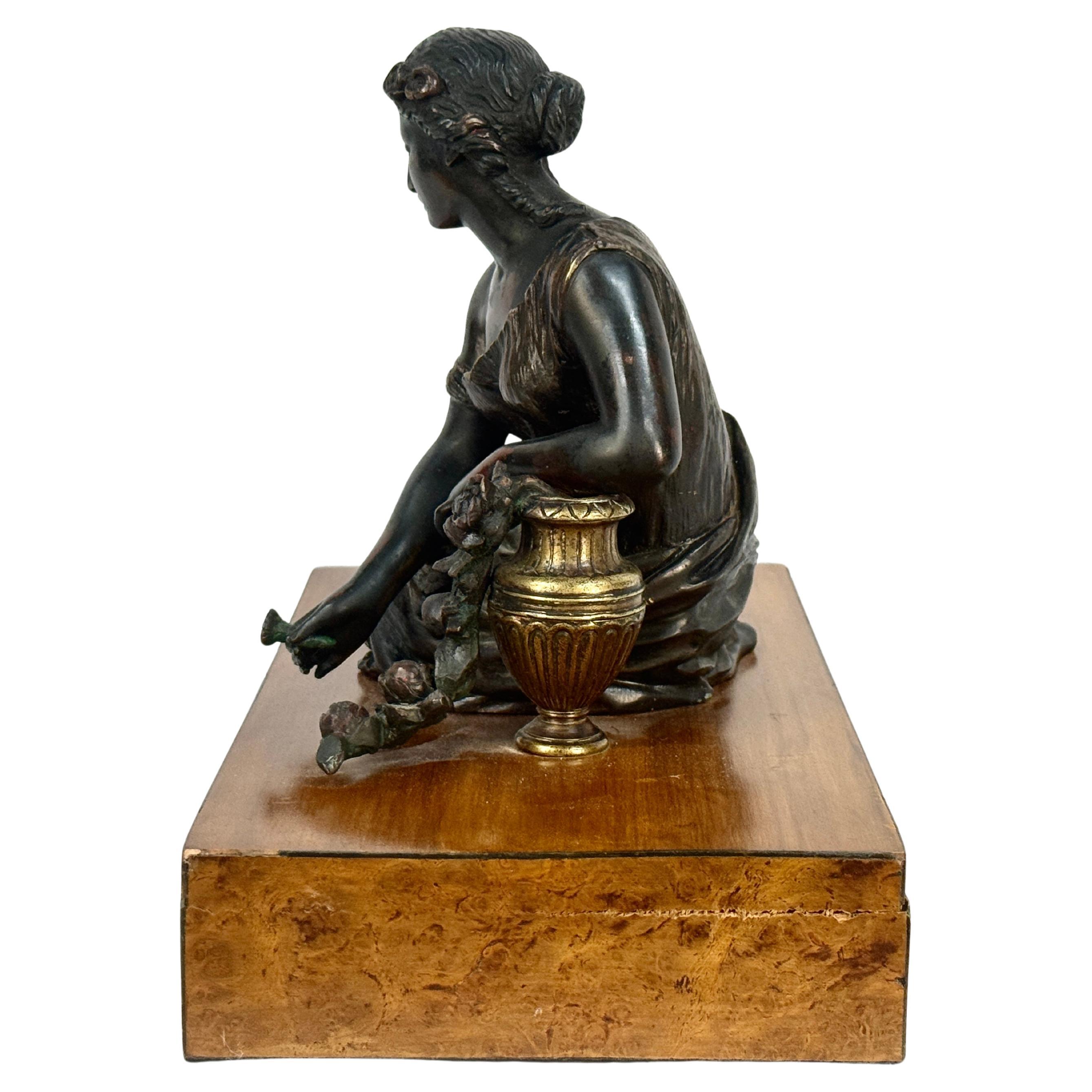 19th Century French Bronze Woman With Flowers Sculpture In Good Condition For Sale In Bradenton, FL