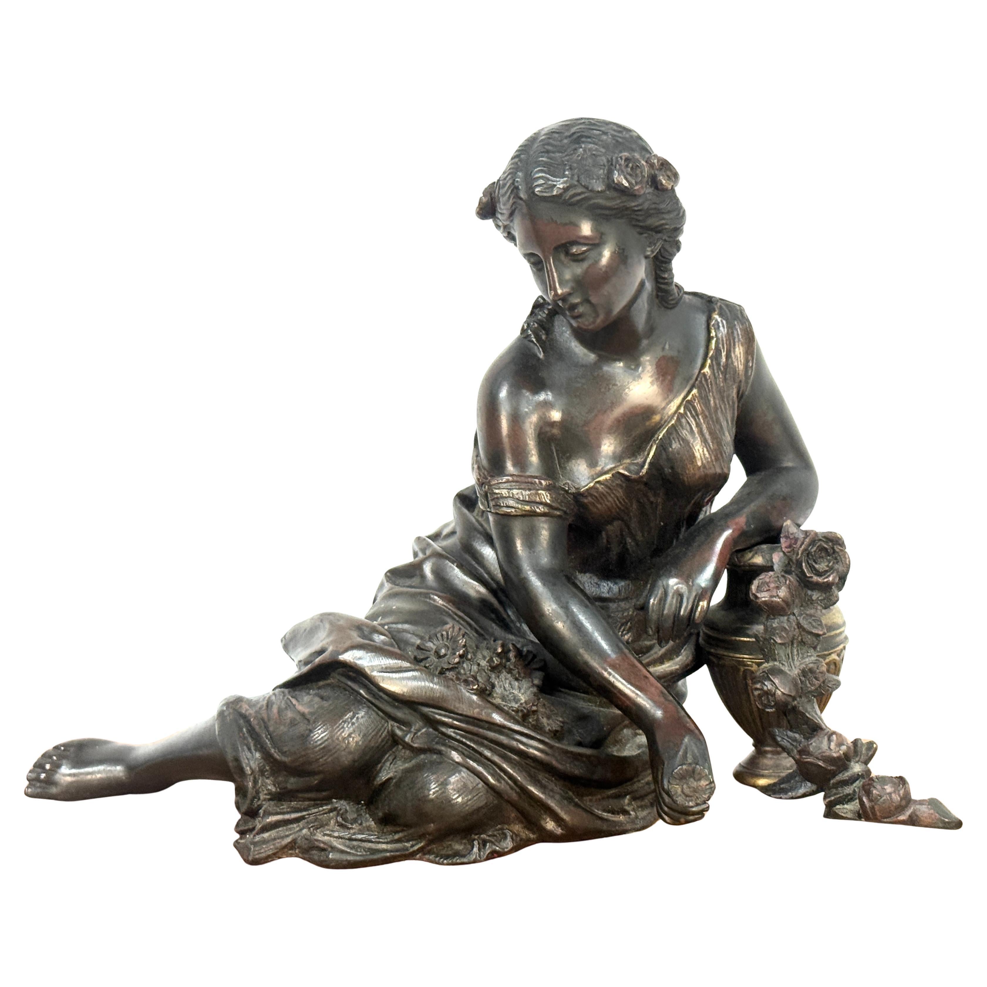 19th Century French Bronze Woman With Flowers Sculpture For Sale 1