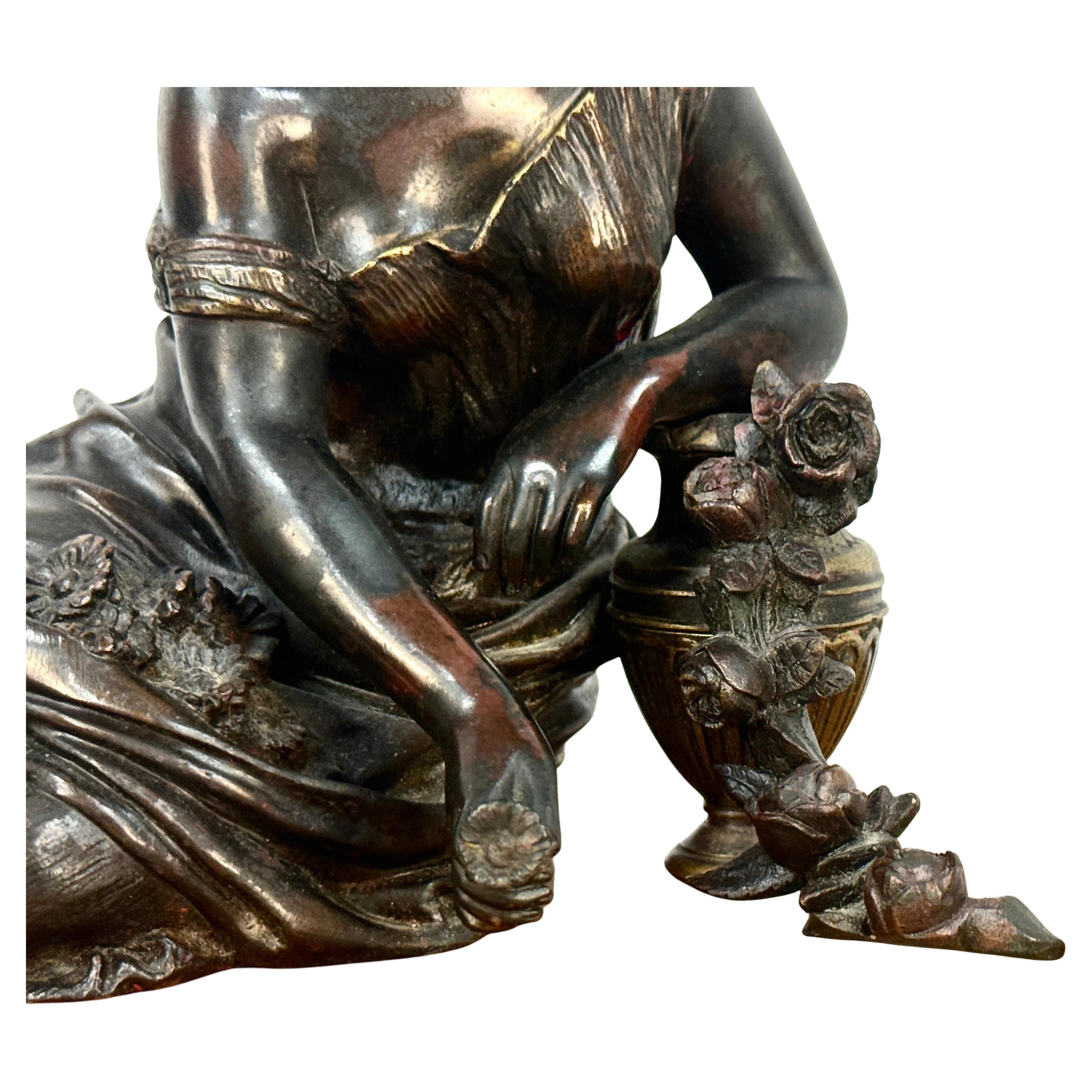19th Century French Bronze Woman With Flowers Sculpture For Sale 2