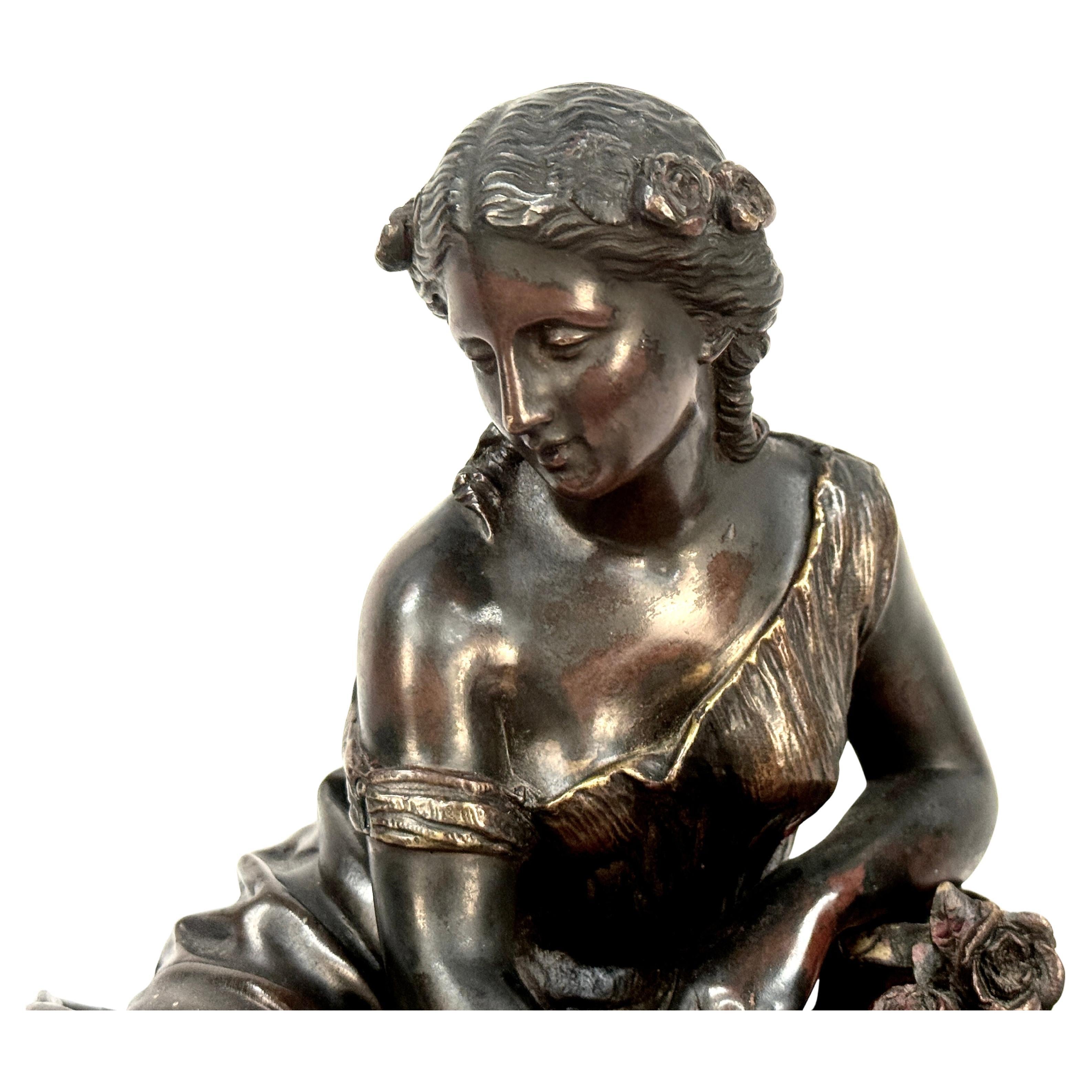 19th Century French Bronze Woman With Flowers Sculpture For Sale 3