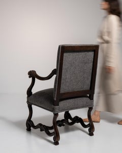 19th Century French Brown Wood Armchair, Fabric Upholstered, Antique
