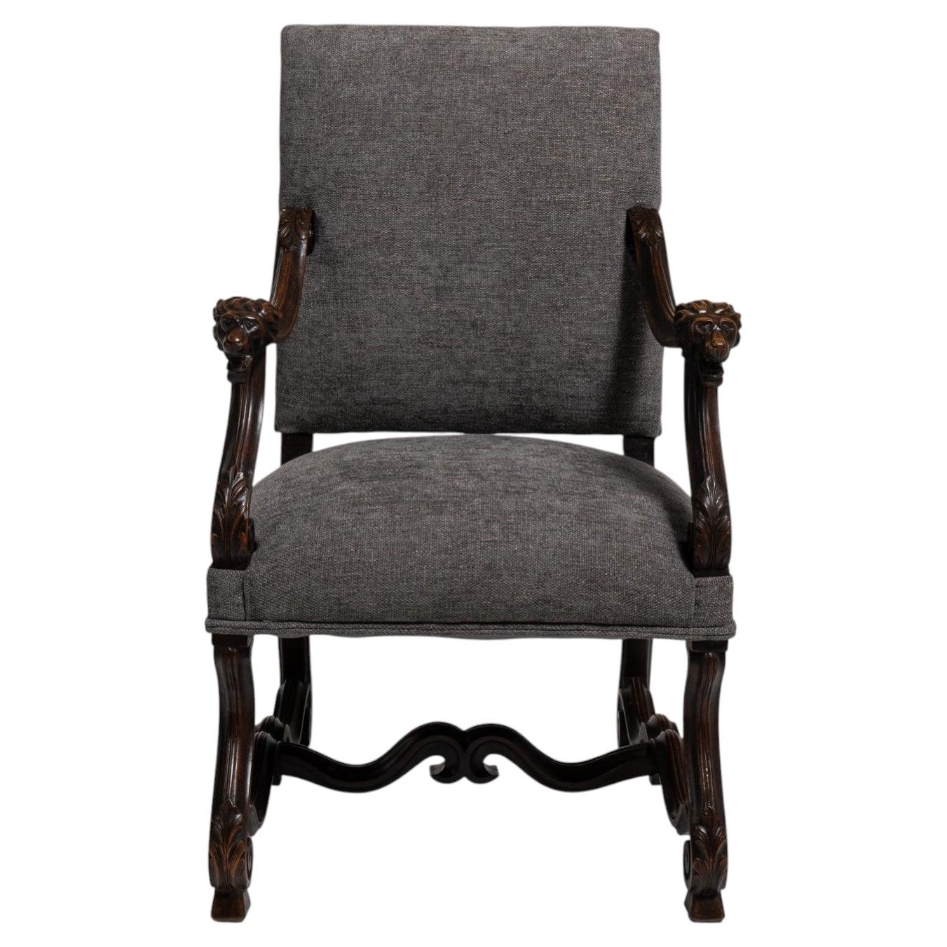 19th Century French Brown Wood Armchair, Fabric Upholstered, Antique For Sale