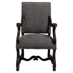 19th Century French Brown Wood Armchair, Fabric Upholstered, Antique