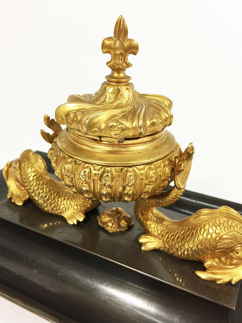 19th Century French Bronze and Gilt Dolphin Inkwell 1