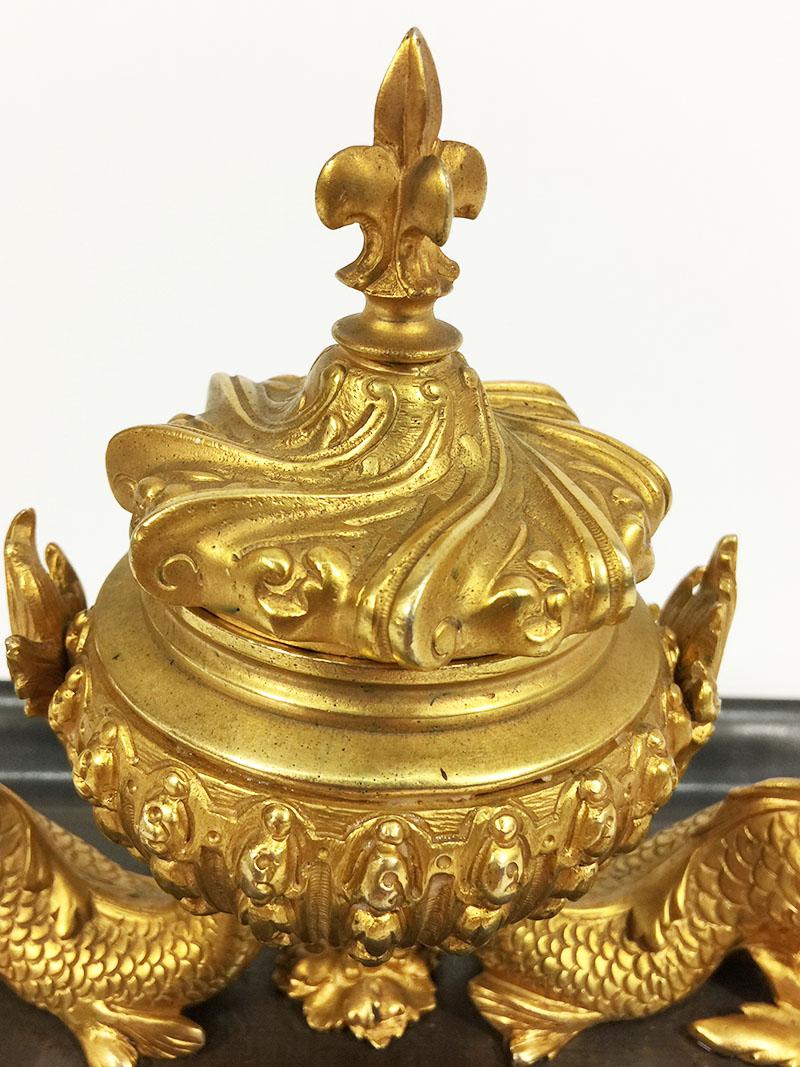 19th Century French Bronze and Gilt Dolphin Inkwell 3