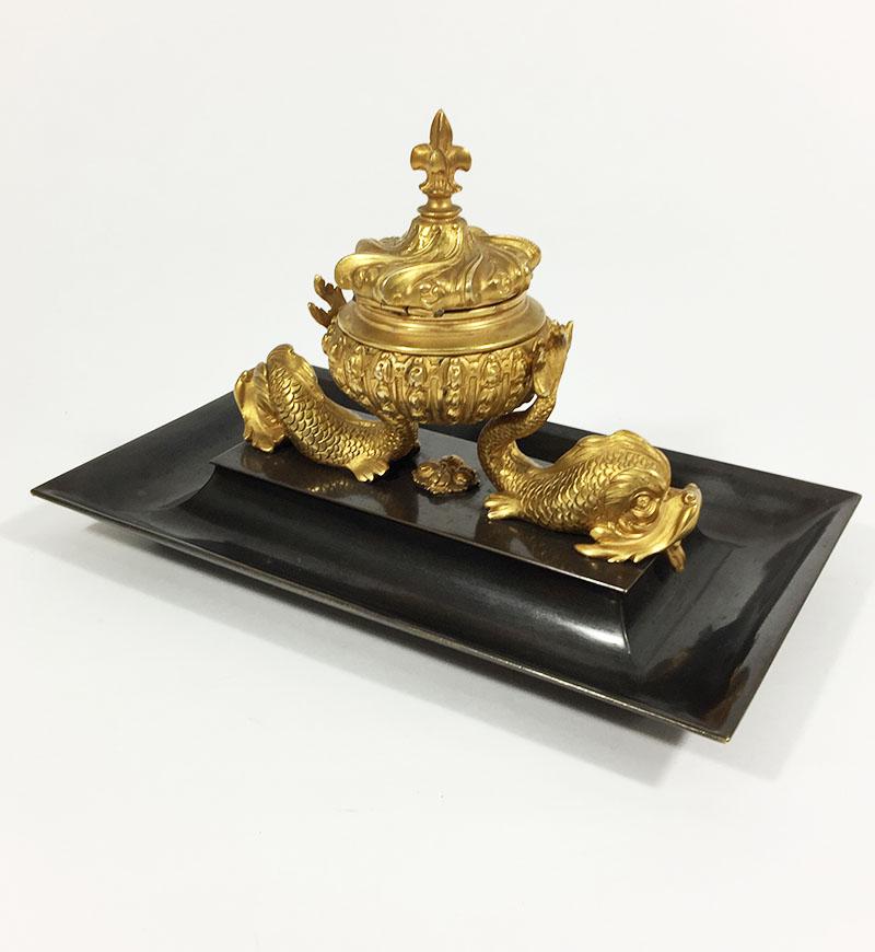 19th Century French Bronze and Gilt Dolphin Inkwell 5