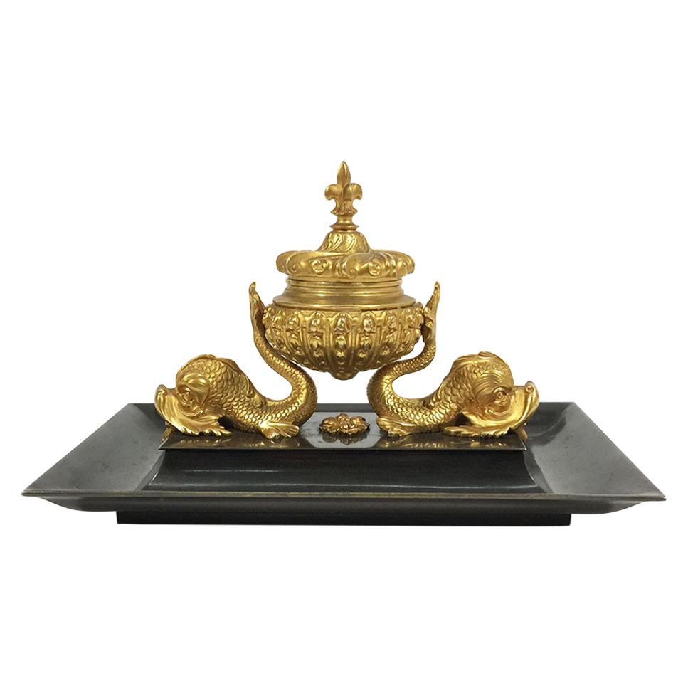 19th Century French Bronze and Gilt Dolphin Inkwell