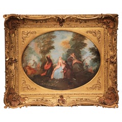 19th Century French Bucolic Courting Scene Oil Painting in Carved Gilt Frame