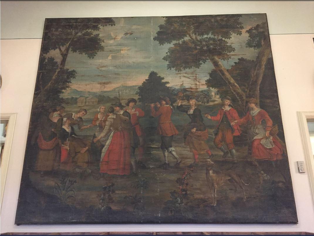 19th century French bucolic tapestry on framework.
