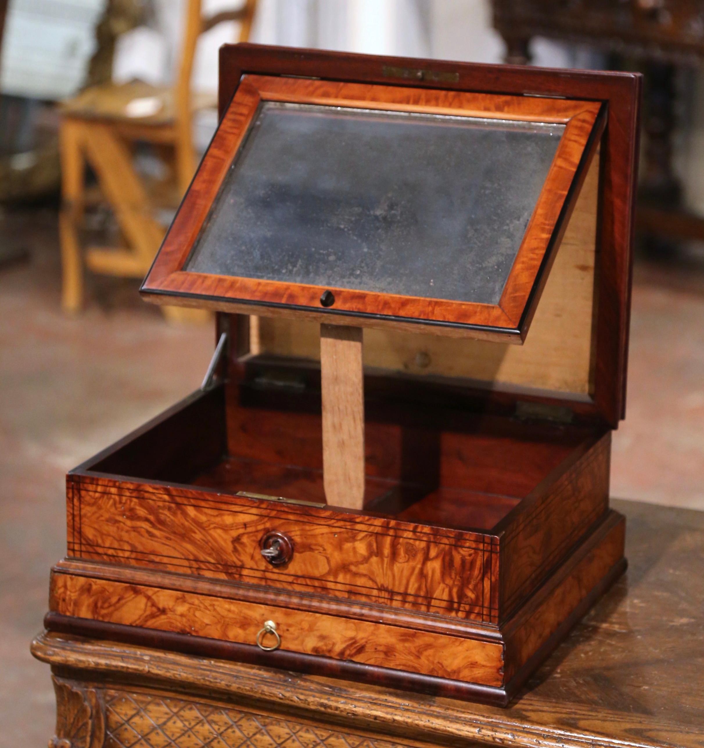 19th Century French Burl Elm Inlaid Jewelry Box with Drawer & Inside Mirror For Sale 4