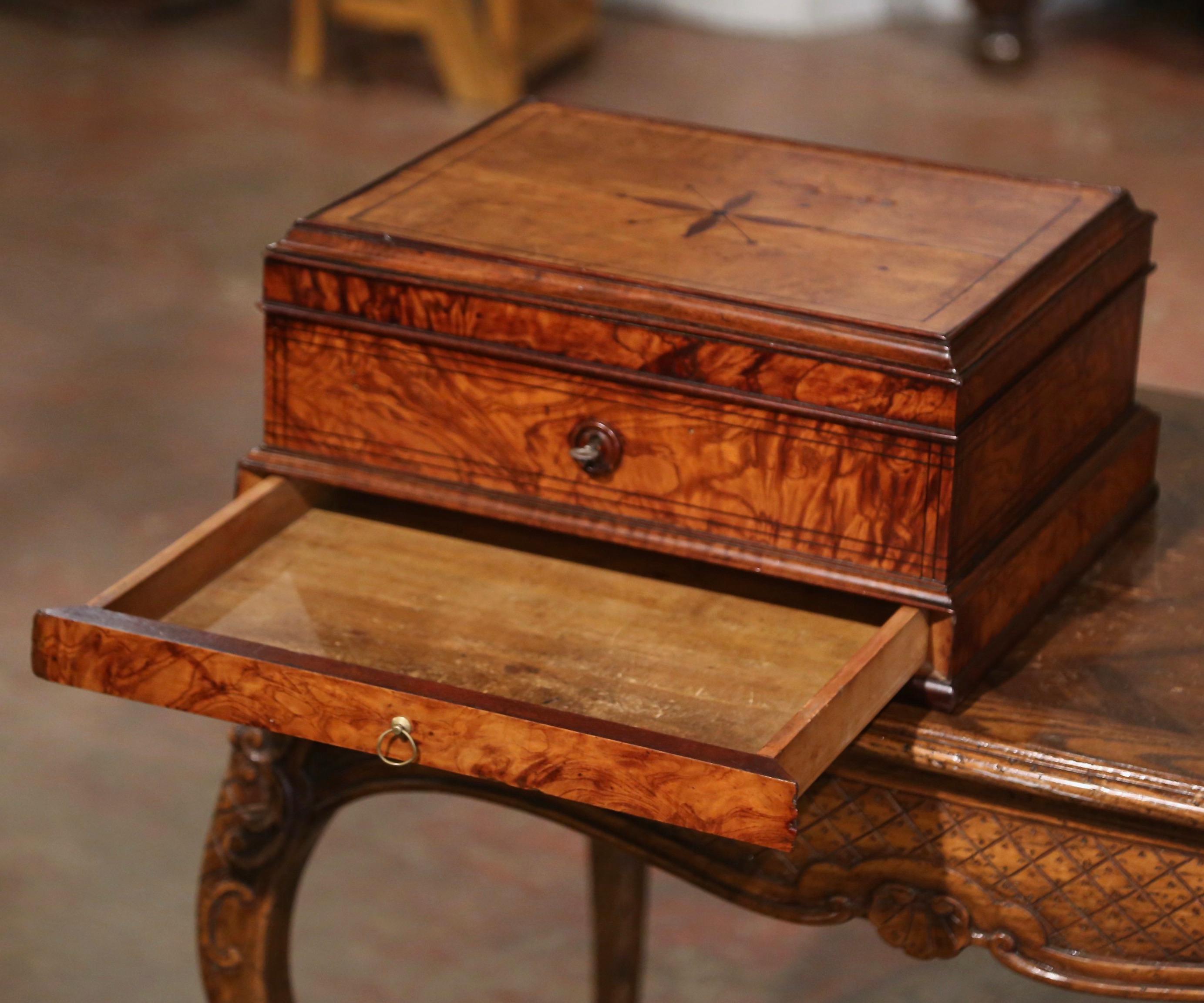 19th Century French Burl Elm Inlaid Jewelry Box with Drawer & Inside Mirror For Sale 5