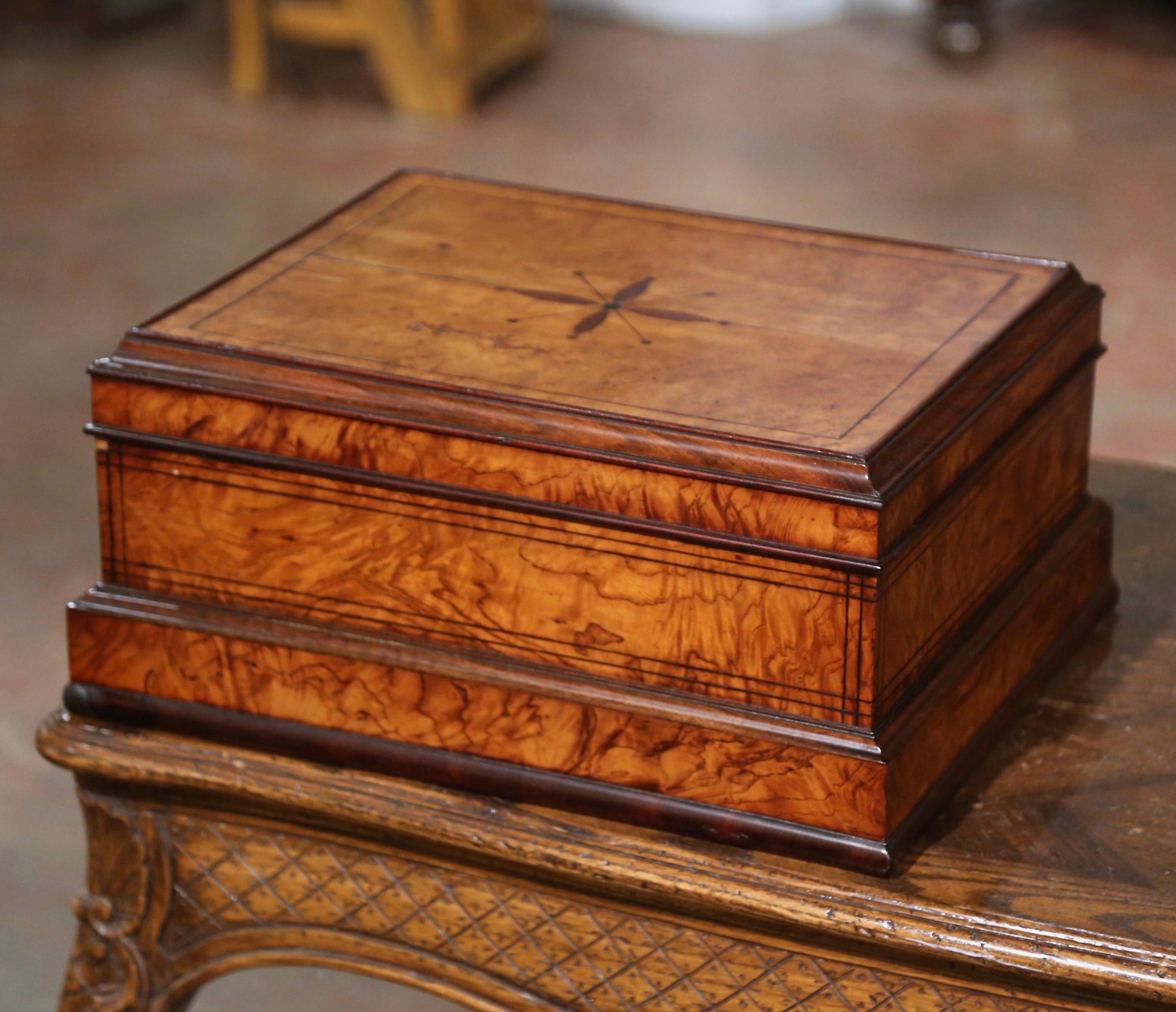 19th Century French Burl Elm Inlaid Jewelry Box with Drawer & Inside Mirror For Sale 7
