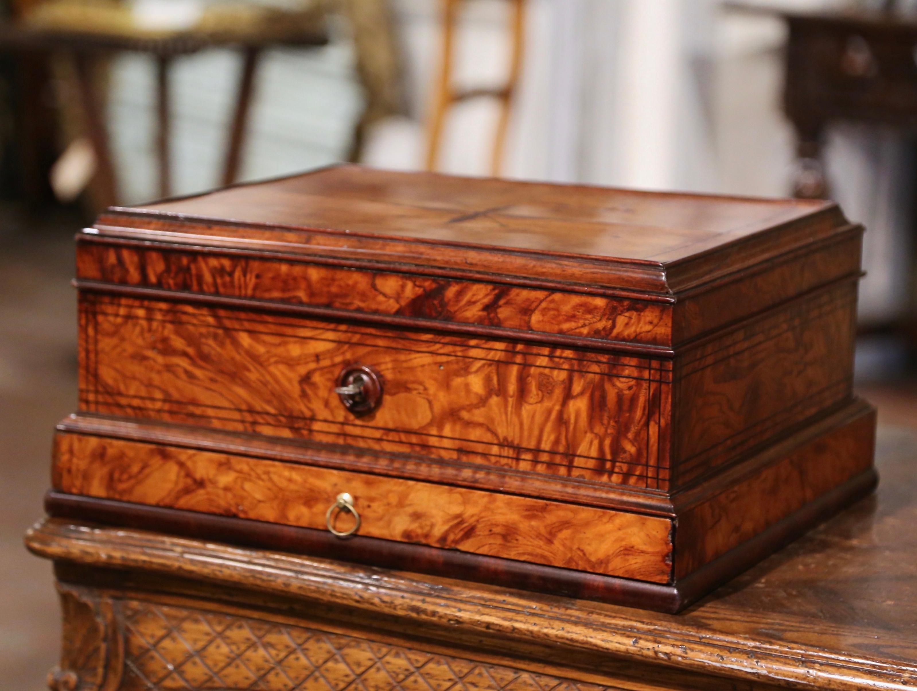 Napoleon III 19th Century French Burl Elm Inlaid Jewelry Box with Drawer & Inside Mirror For Sale