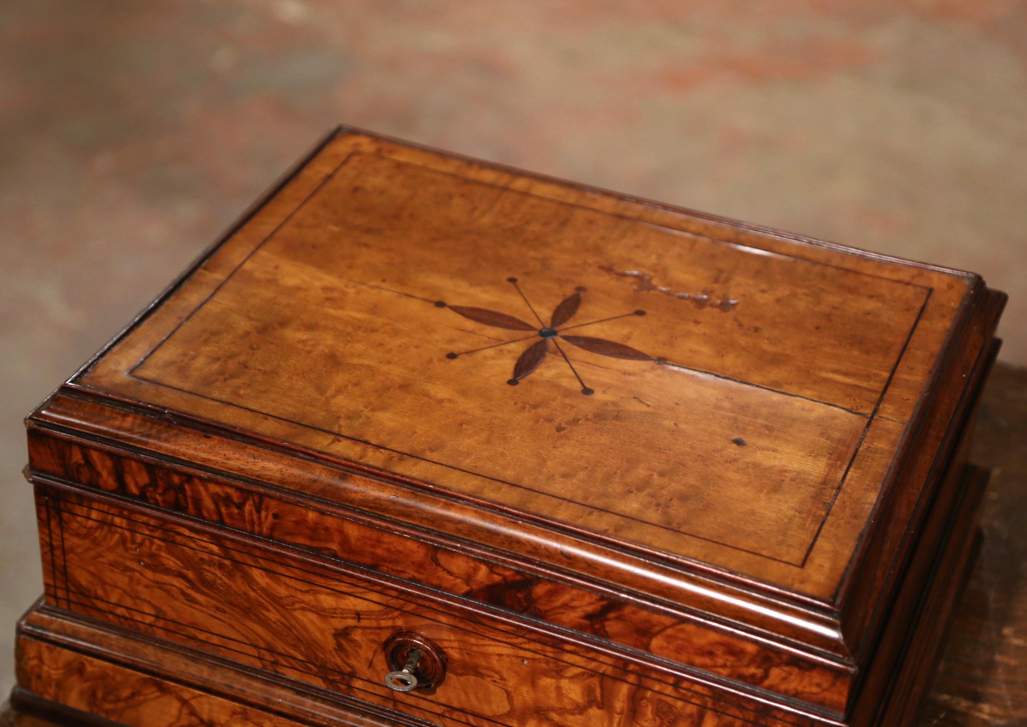 Marquetry 19th Century French Burl Elm Inlaid Jewelry Box with Drawer & Inside Mirror For Sale