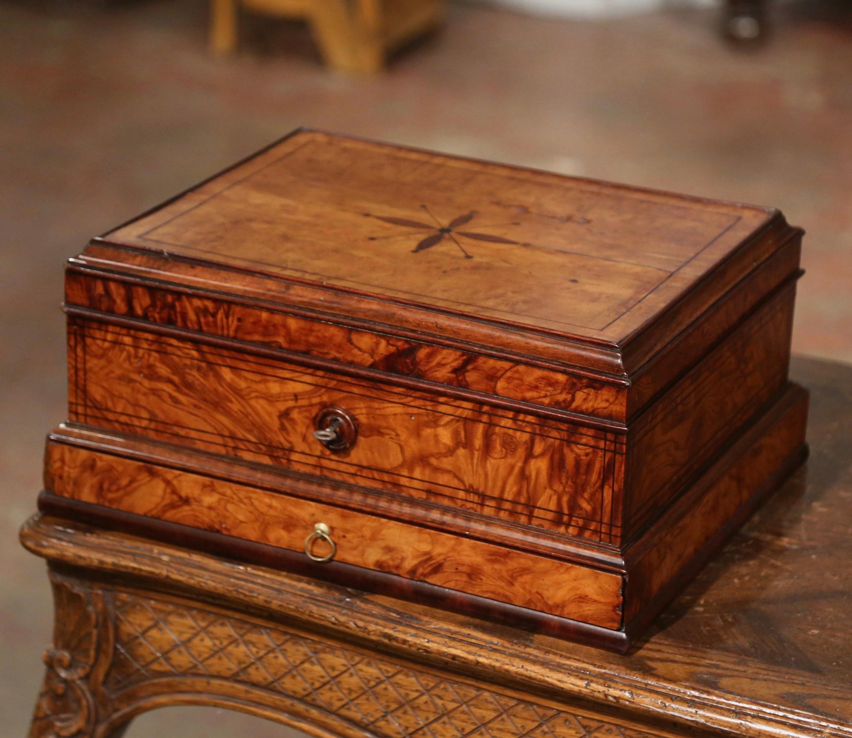 Mercury Glass 19th Century French Burl Elm Inlaid Jewelry Box with Drawer & Inside Mirror For Sale