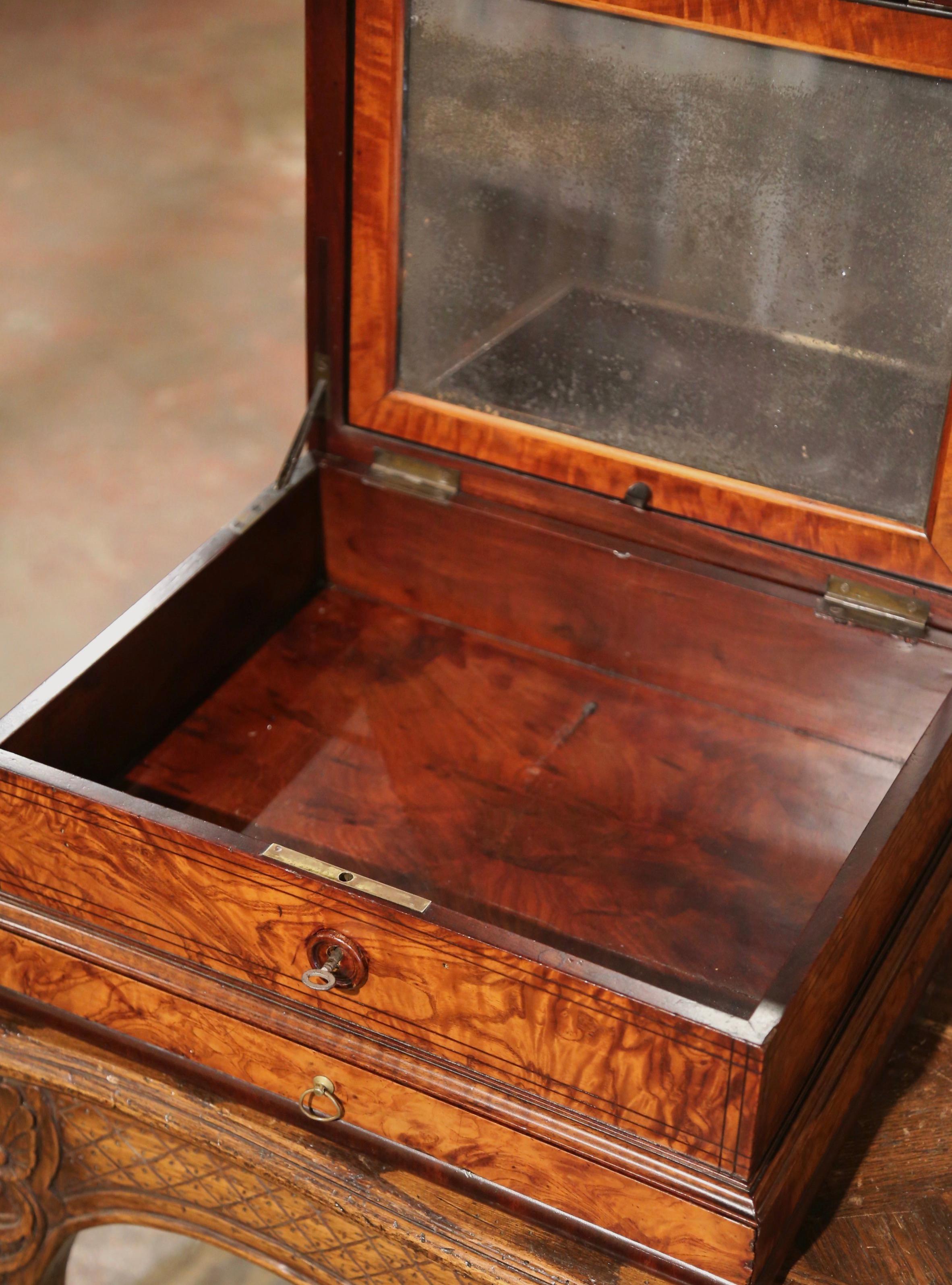 19th Century French Burl Elm Inlaid Jewelry Box with Drawer & Inside Mirror For Sale 1