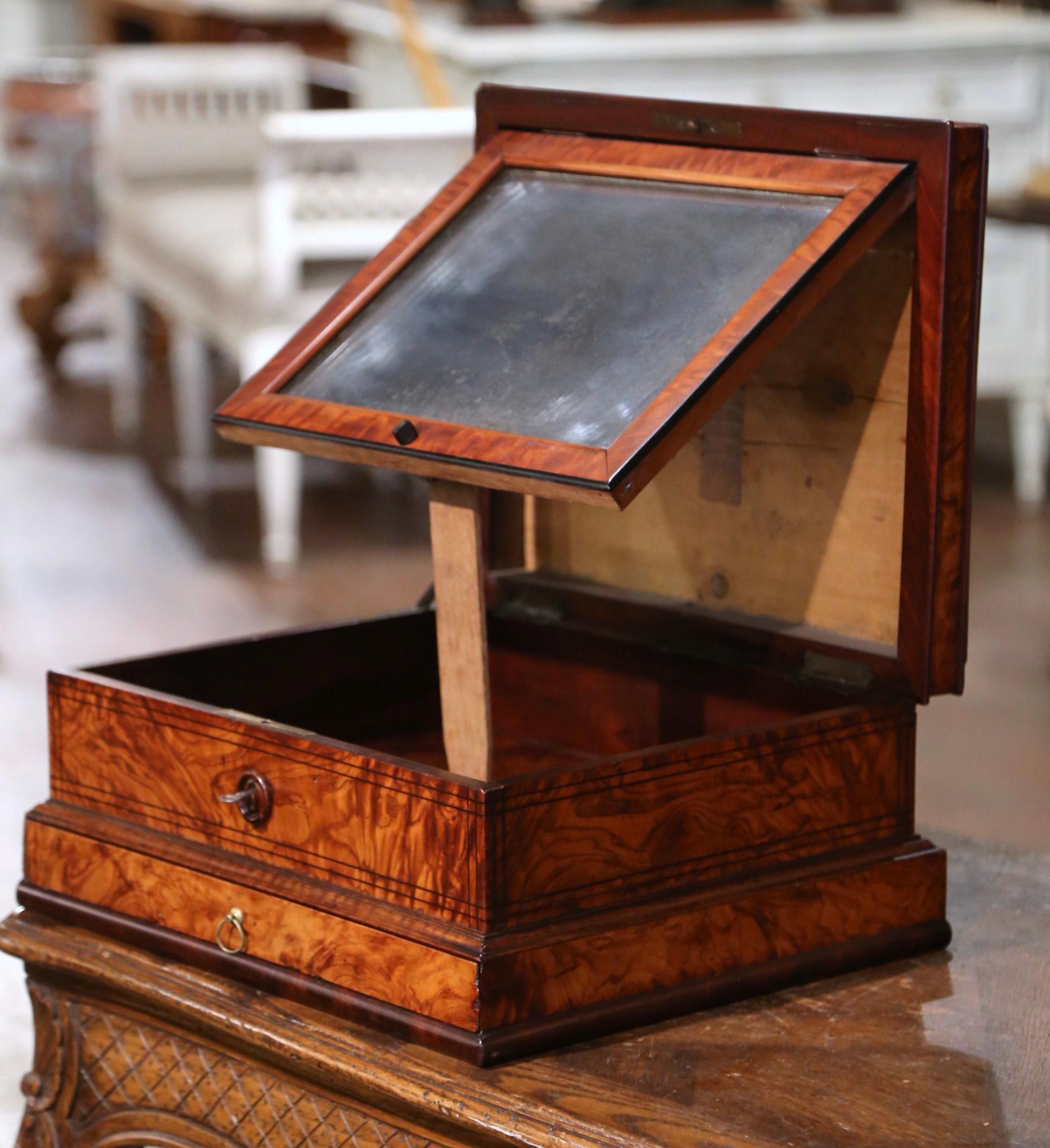 19th Century French Burl Elm Inlaid Jewelry Box with Drawer & Inside Mirror For Sale 3