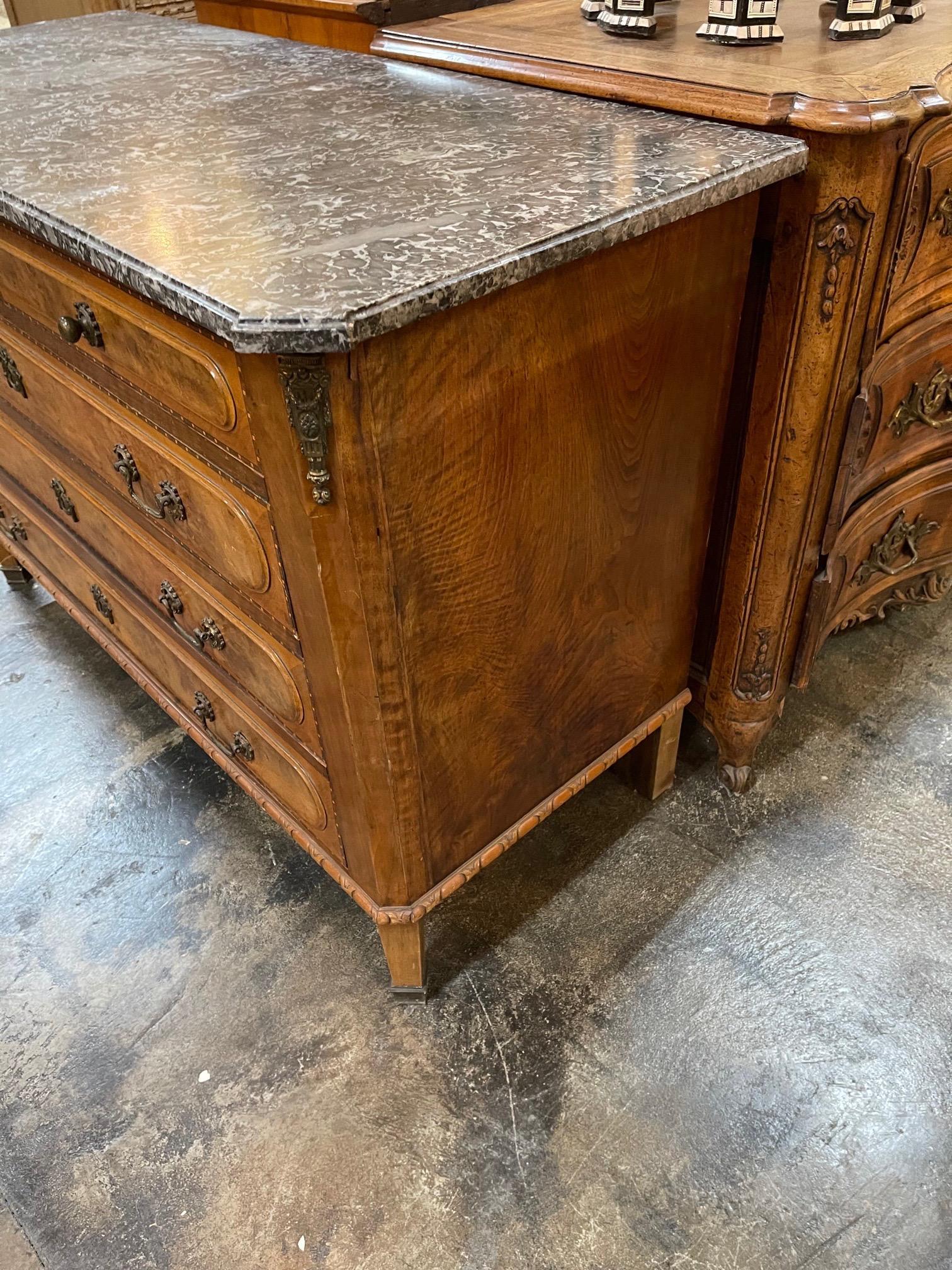 19th Century French Burl Walnut Commode with Grey Marble Top For Sale 3