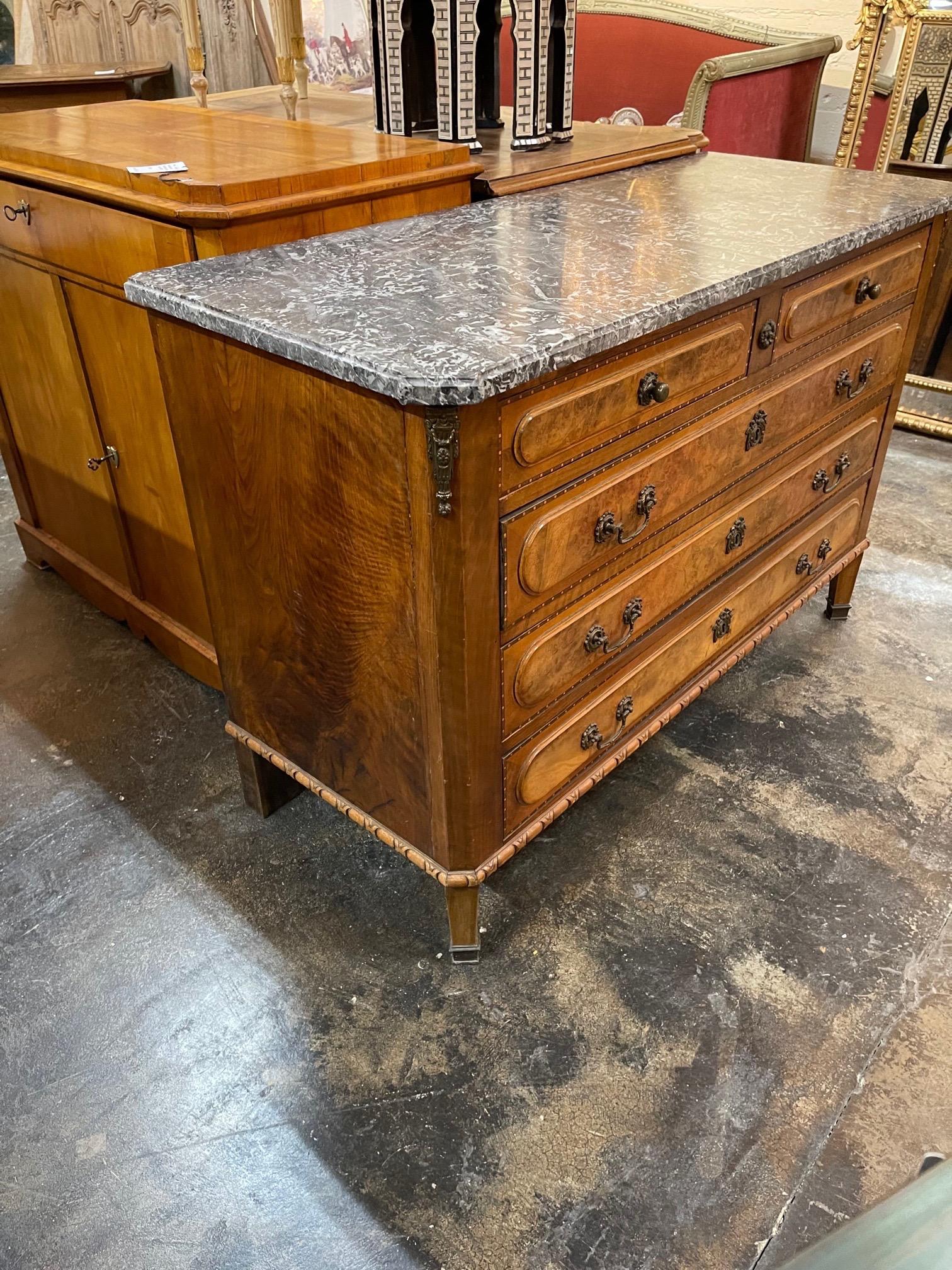19th Century French Burl Walnut Commode with Grey Marble Top For Sale 4