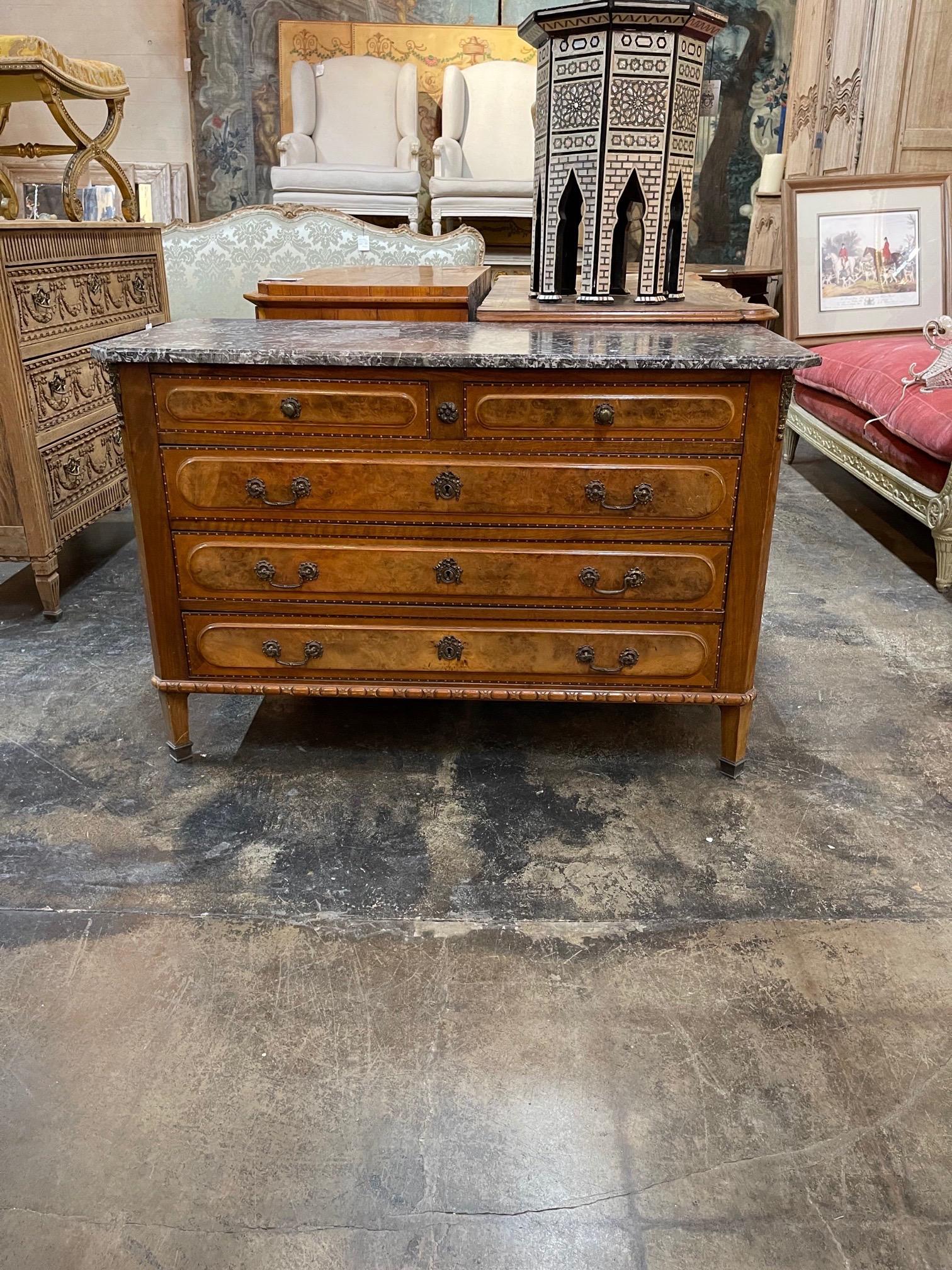 19th Century French Burl Walnut Commode with Grey Marble Top For Sale 5