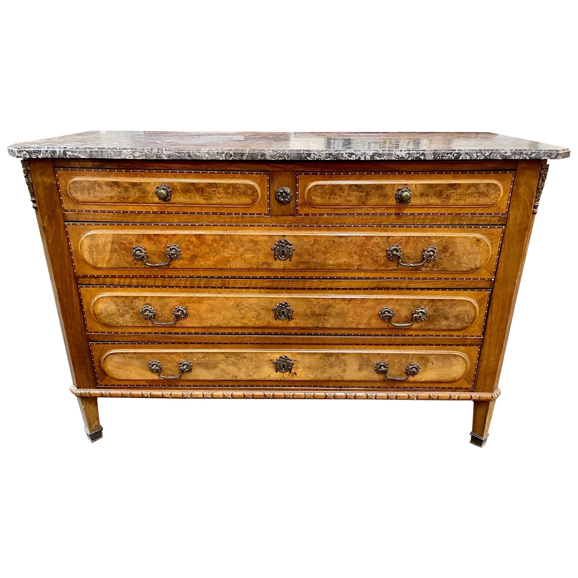 19th Century French Burl Walnut Commode with Grey Marble Top