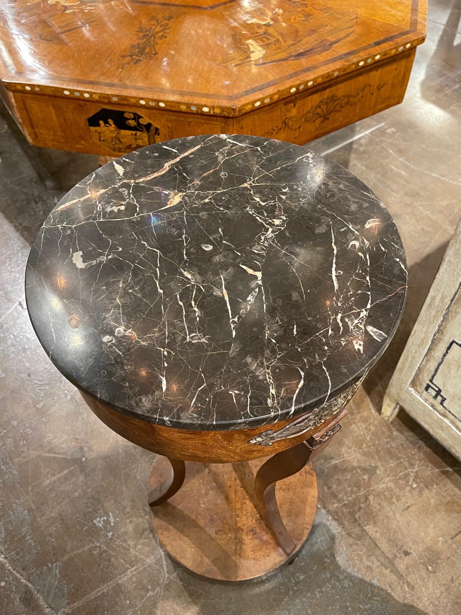 Brass 19th Century French Burl Walnut Pedestal with Marble Top For Sale