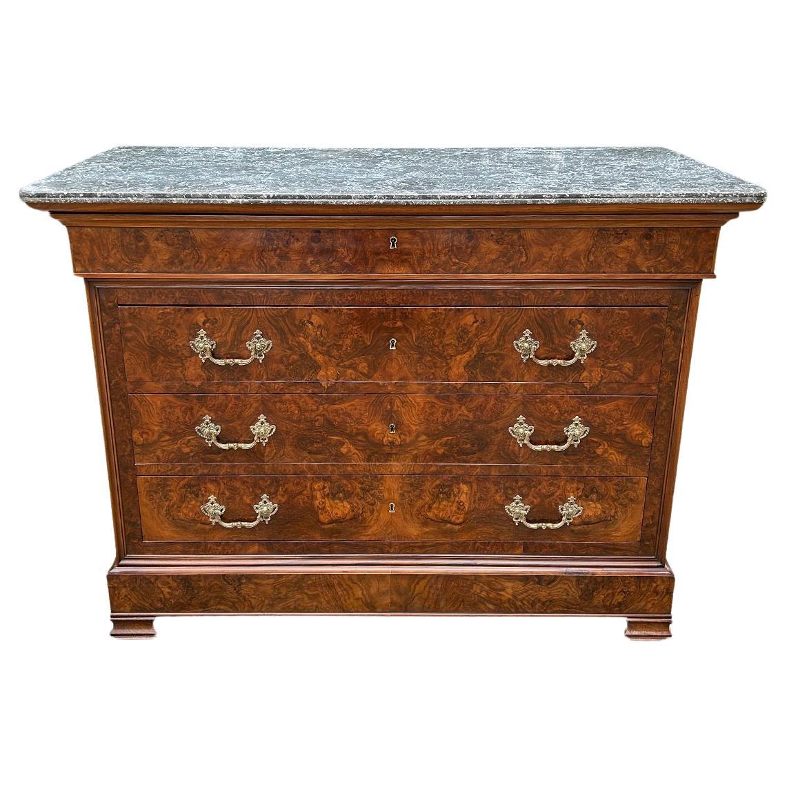 19th Century French Burr Walnut Commode / Chest of Drawers with Marble Top