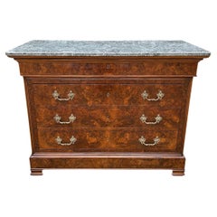 Antique 19th Century French Burr Walnut Commode / Chest of Drawers with Marble Top