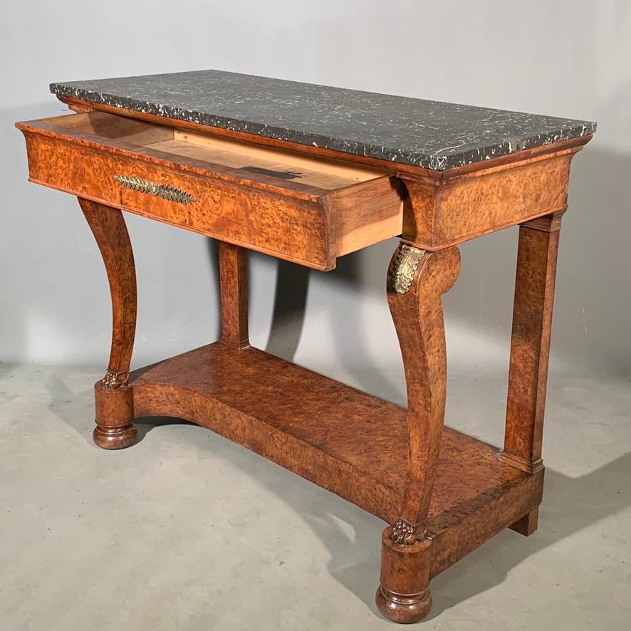 Louis Philippe 19th Century French Burr Walnut Console Table with Brass Mounts and Marble Top