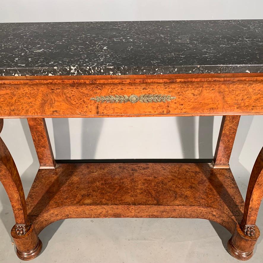 19th Century French Burr Walnut Console Table with Brass Mounts and Marble Top 3