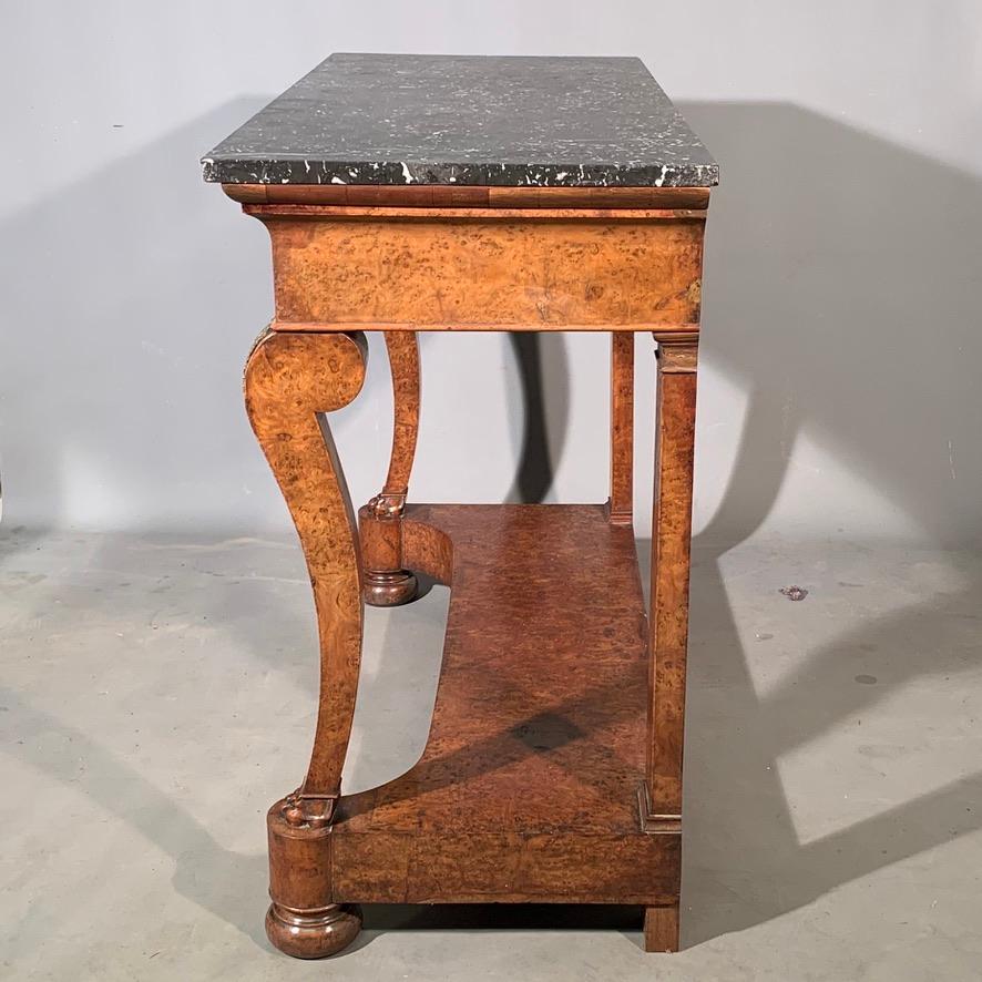 19th Century French Burr Walnut Console Table with Brass Mounts and Marble Top 4
