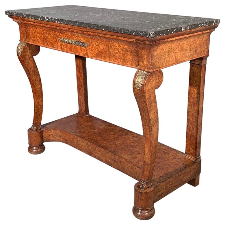 19th Century French Burr Walnut Console Table with Brass Mounts and Marble Top