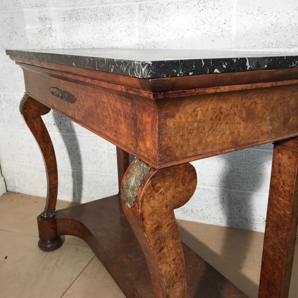 19th Century French Burr Walnut Console Table with Charcoal Marble Top For Sale 7