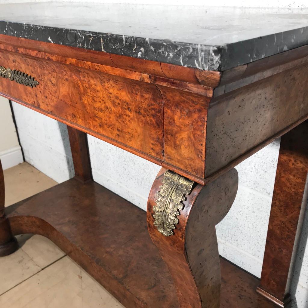 19th Century French Burr Walnut Console Table with Charcoal Marble Top For Sale 8