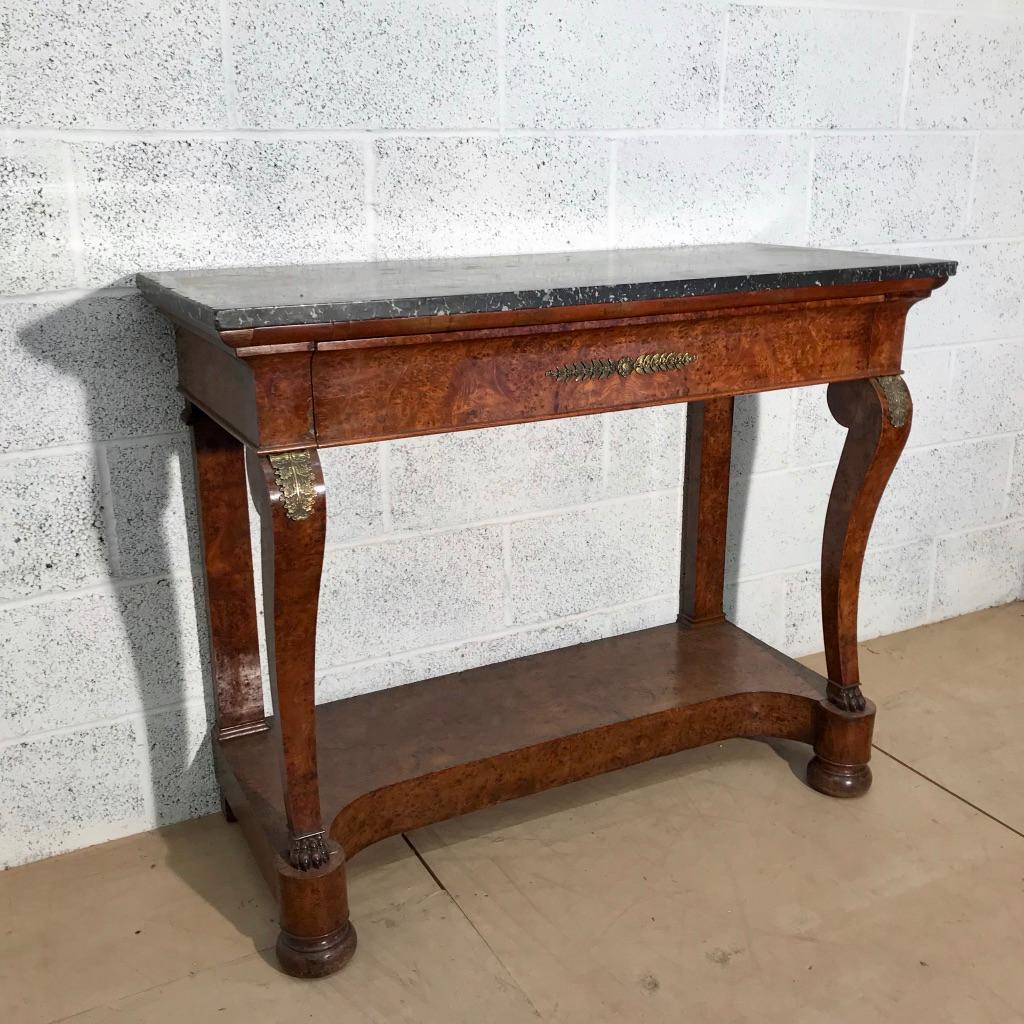 19th Century French Burr Walnut Console Table with Charcoal Marble Top For Sale 9