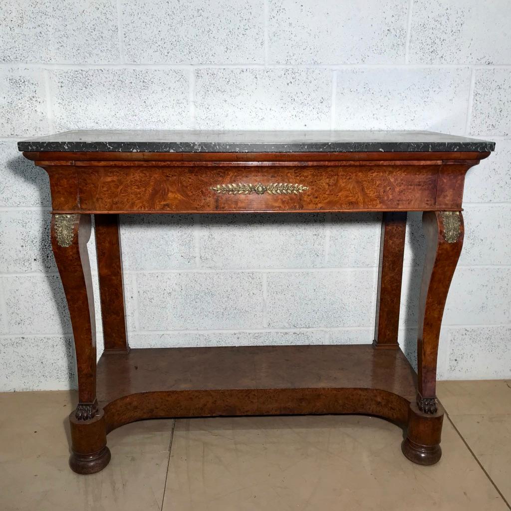 19th Century French Burr Walnut Console Table with Charcoal Marble Top In Good Condition For Sale In Uppingham, Rutland