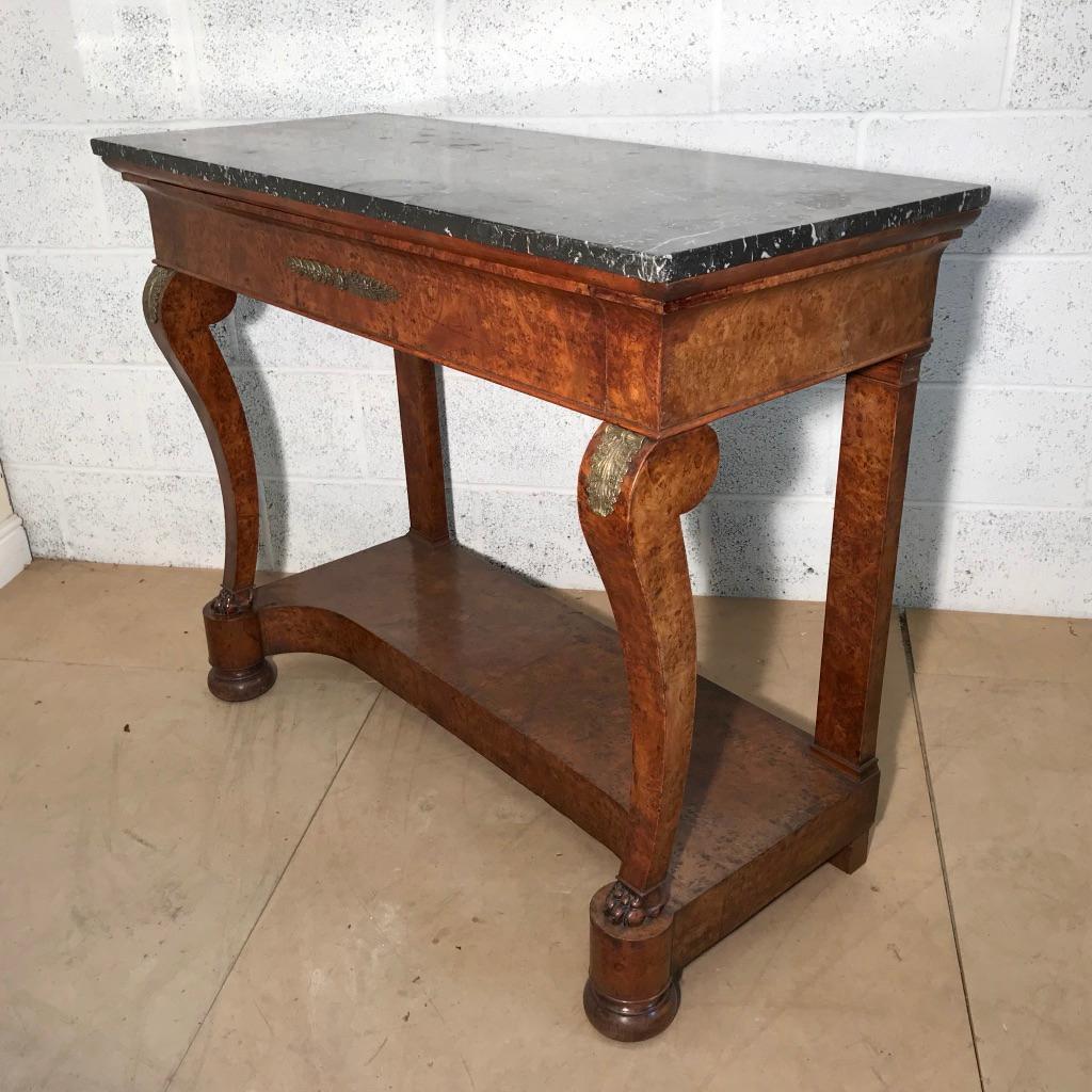 19th Century French Burr Walnut Console Table with Charcoal Marble Top For Sale 1